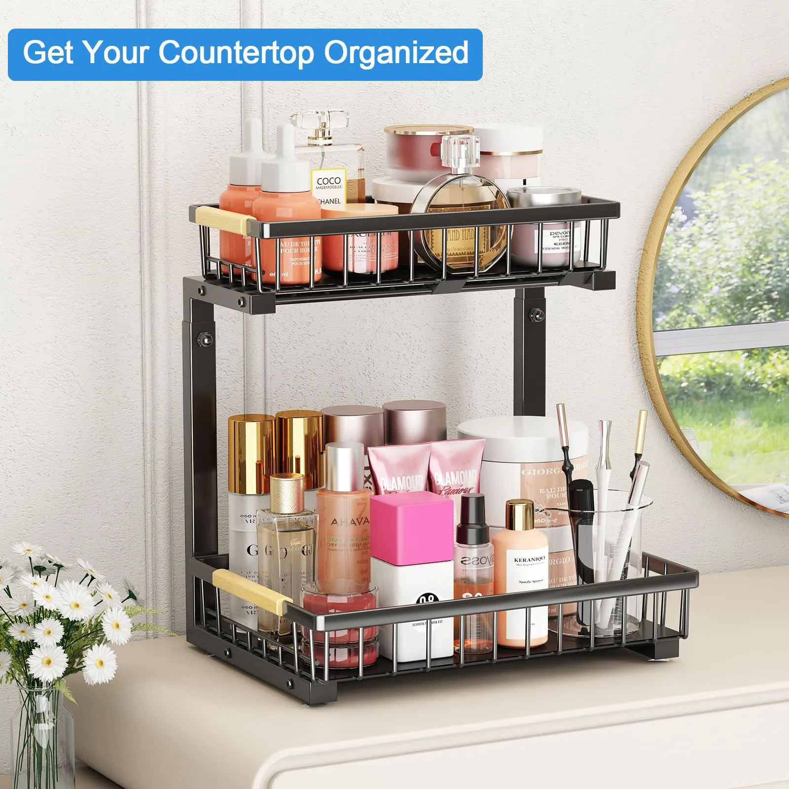 Godboat Under Sink Organizer and Storage, 2 Tier Pull Out Cabinet Organizer Slide Out Sink Shelf Cabinet Storage Shelves, Under Sink Storage for Kitchen Bathroom Cabinet