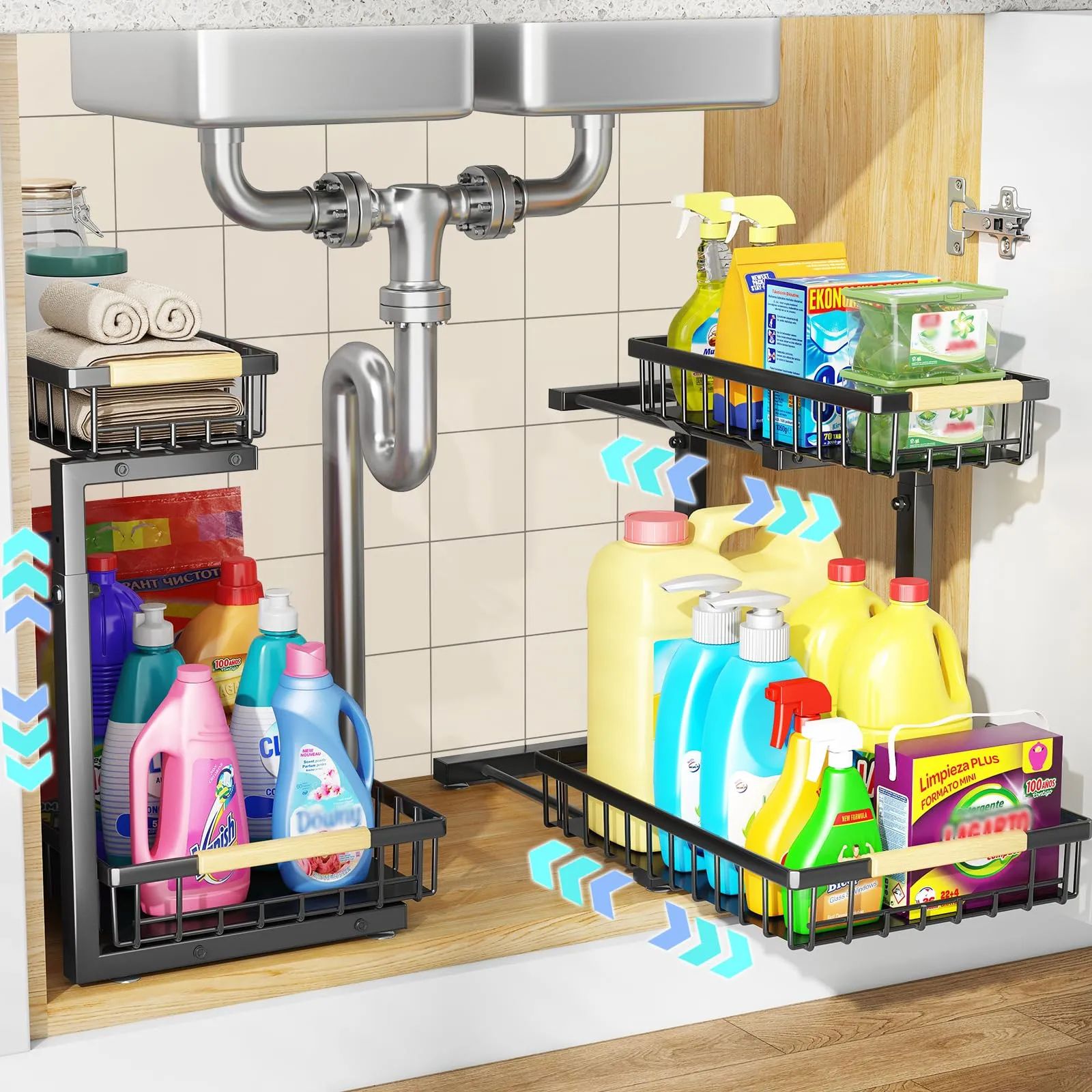 Godboat Under Sink Organizer and Storage, 2 Tier Pull Out Cabinet Organizer Slide Out Sink Shelf Cabinet Storage Shelves, Under Sink Storage for Kitchen Bathroom Cabinet