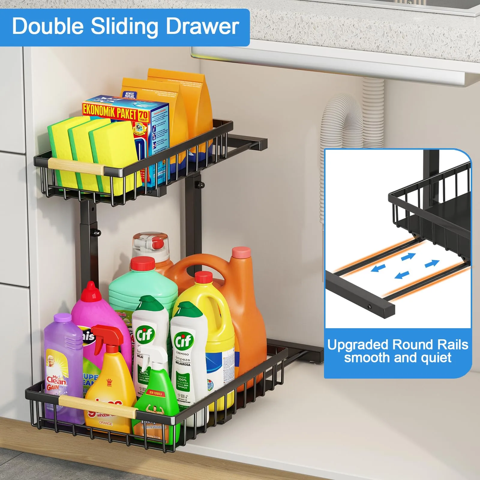 Godboat Under Sink Organizer and Storage, 2 Tier Pull Out Cabinet Organizer Slide Out Sink Shelf Cabinet Storage Shelves, Under Sink Storage for Kitchen Bathroom Cabinet