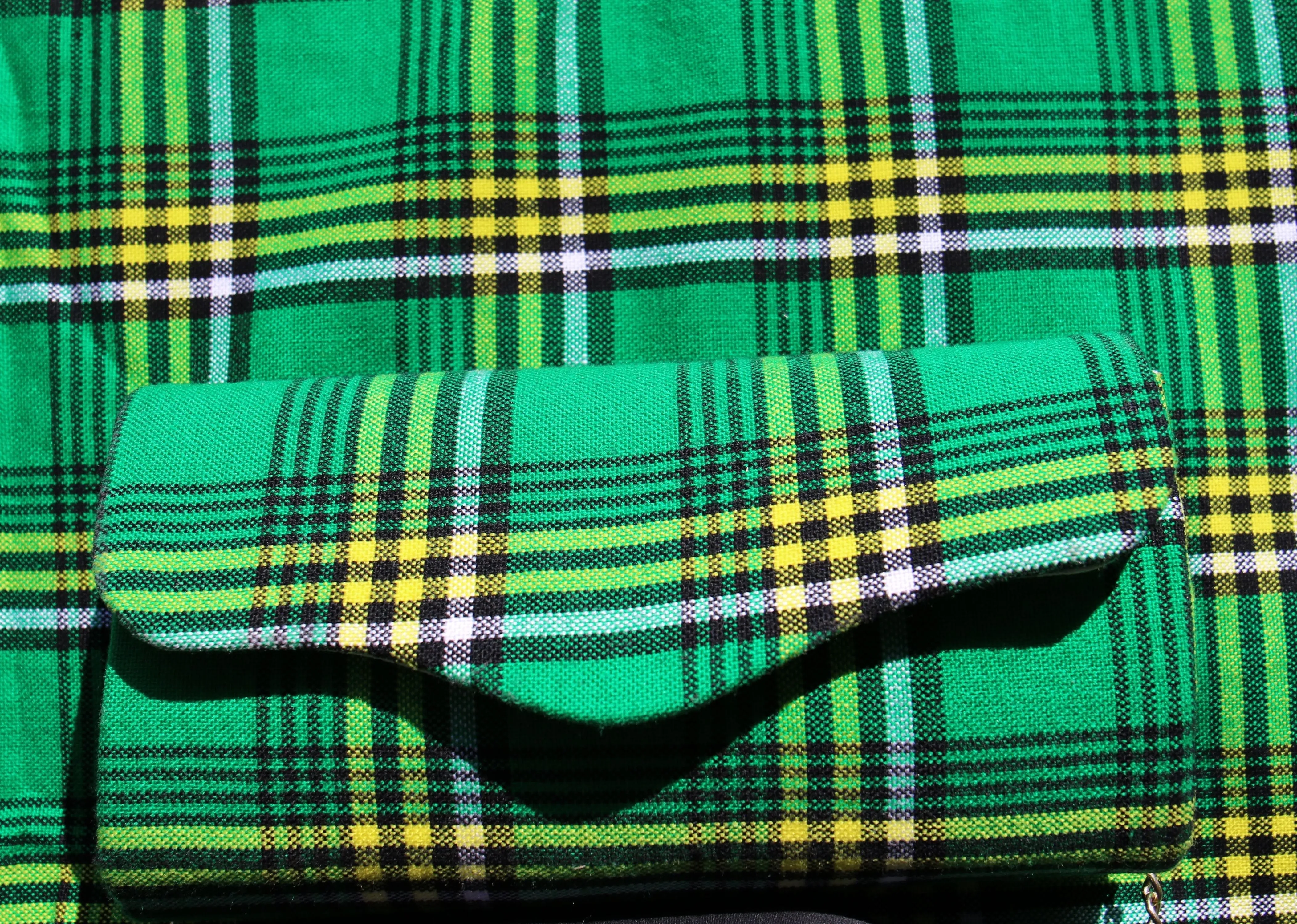 Green Tartan clutch bag with gold chain handle