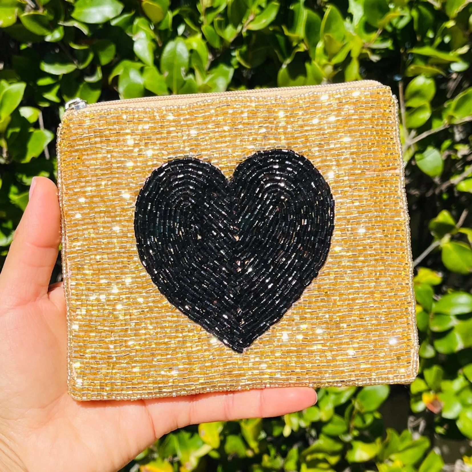 Heart Gold Black Beaded Coin Purse