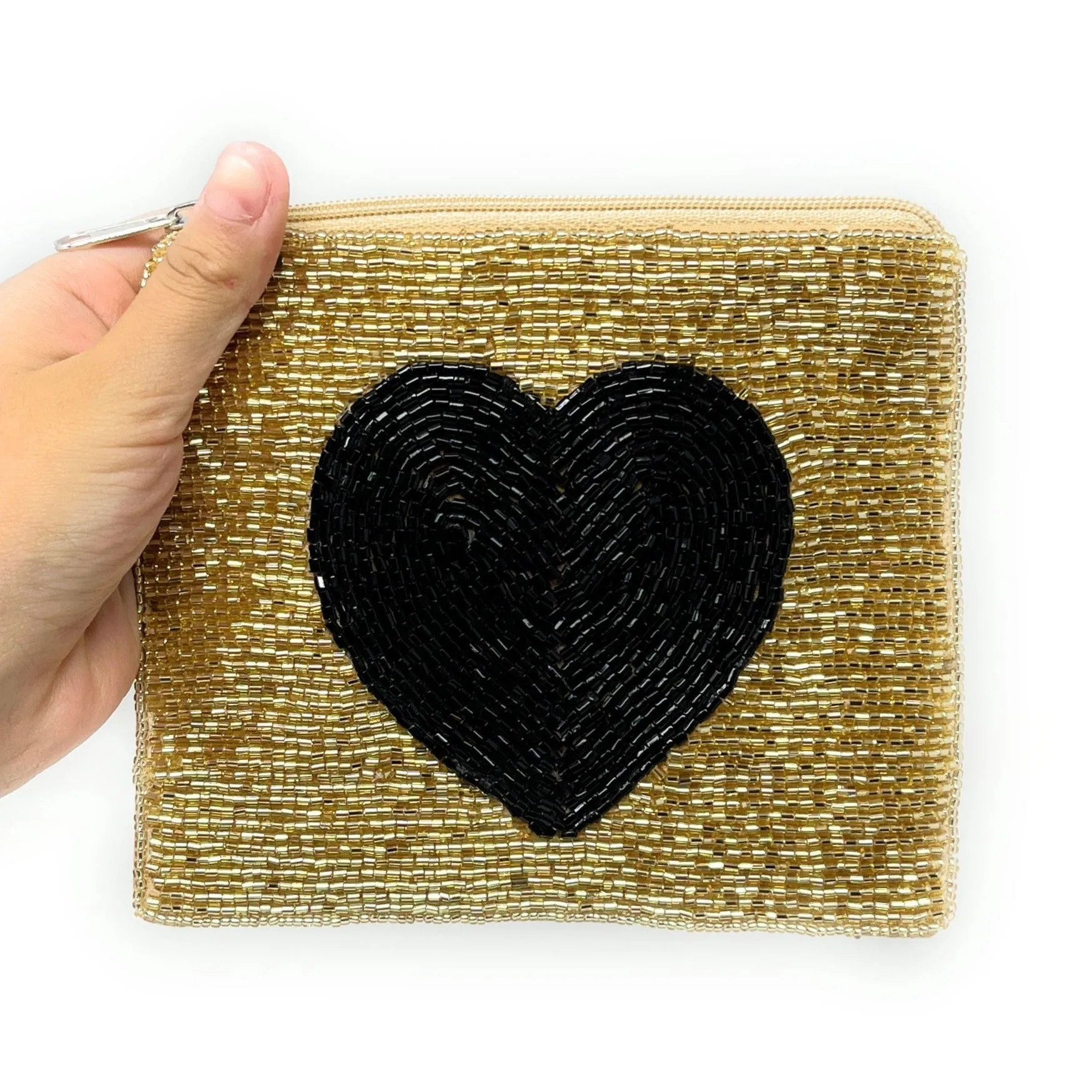 Heart Gold Black Beaded Coin Purse