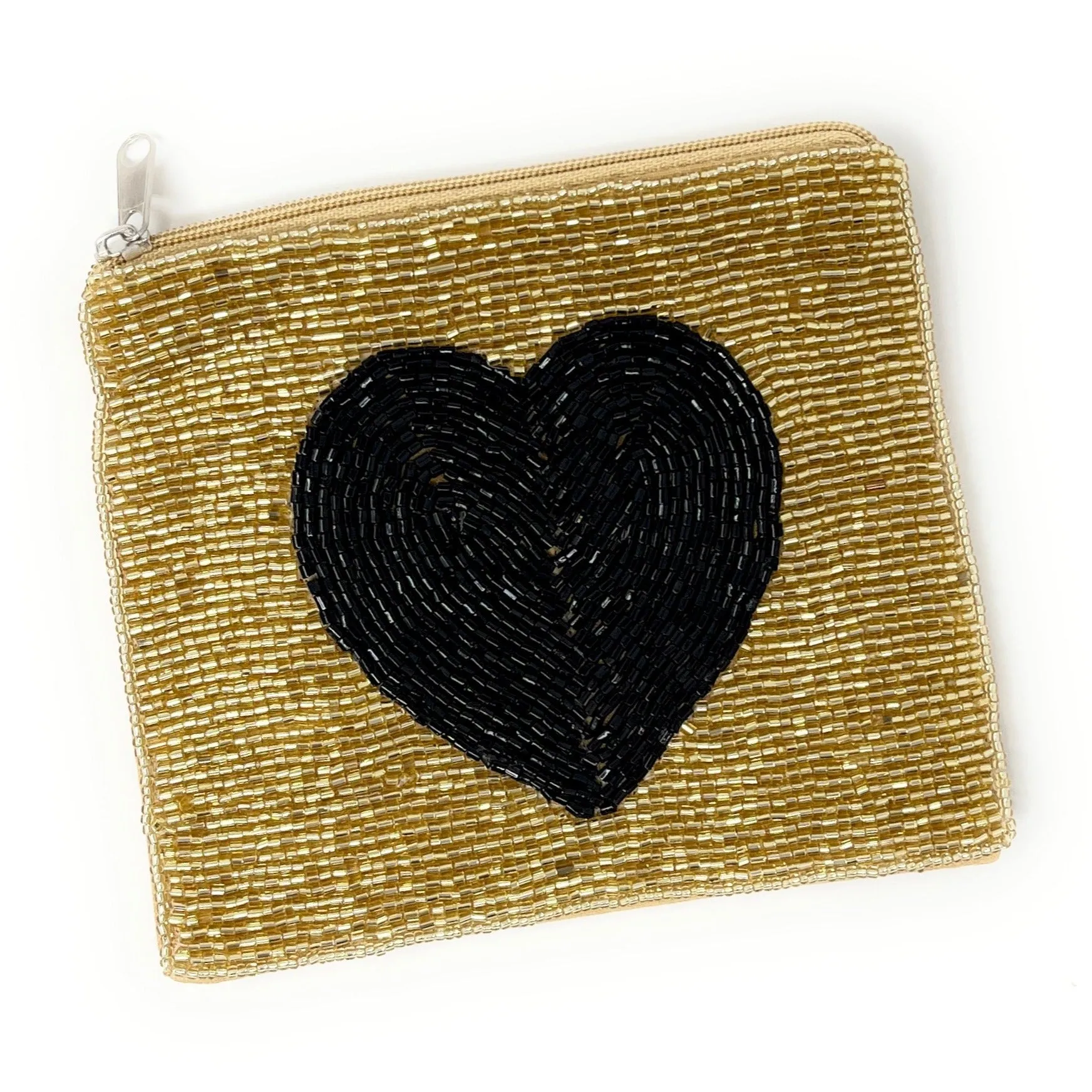 Heart Gold Black Beaded Coin Purse