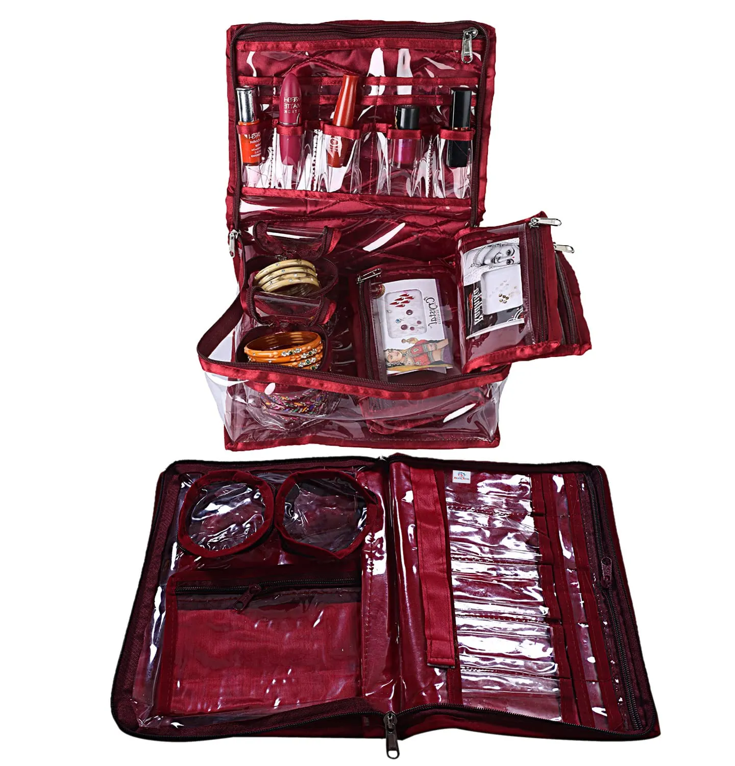 Heart Home Carry Print PVC Laminated Portable Jewellery Organizer With 4 Pouches & 2 Bangle Pouches For Home and Travel Pack of 2 (Maroon)