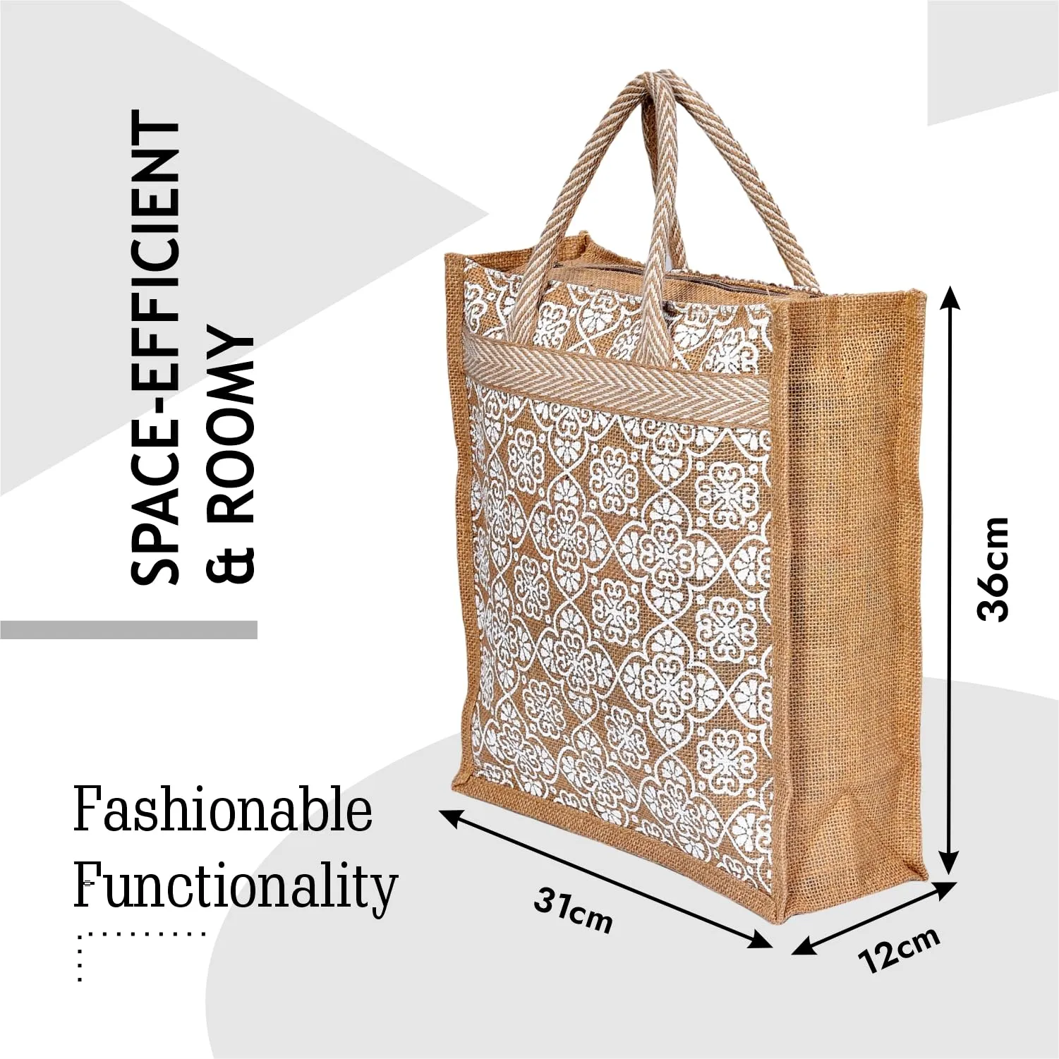 Heart Home Grocery Bag | Jute Carry Bag | Lunch Bags for Office | Zipper Grocery Bag with Handle | Vegetable Bag | White Flower Shopping Bag | Medium | Brown