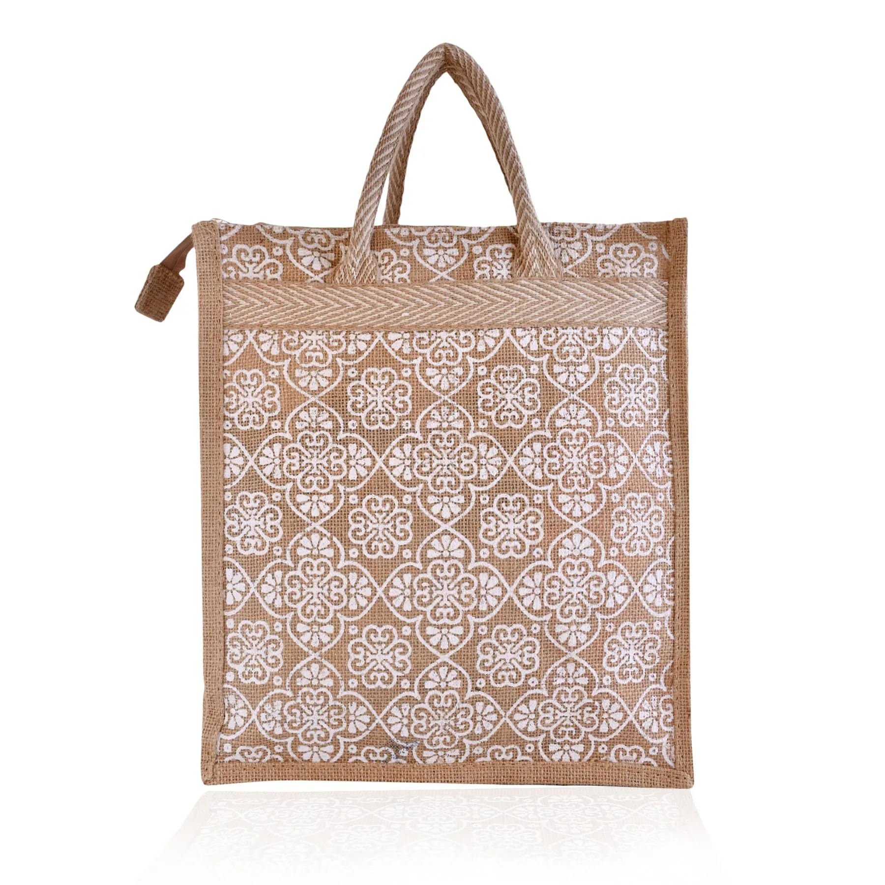 Heart Home Grocery Bag | Jute Carry Bag | Lunch Bags for Office | Zipper Grocery Bag with Handle | Vegetable Bag | White Flower Shopping Bag | Medium | Brown