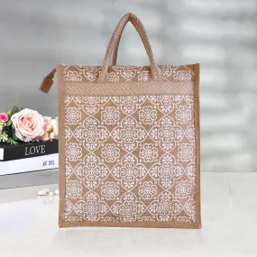 Heart Home Grocery Bag | Jute Carry Bag | Lunch Bags for Office | Zipper Grocery Bag with Handle | Vegetable Bag | White Flower Shopping Bag | Medium | Brown