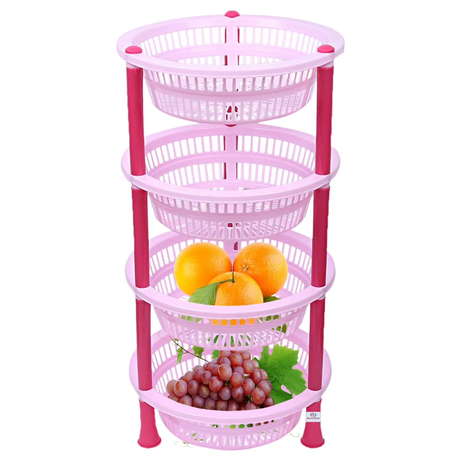 Heart Home Plastic 4-Tier Multi-Purpose Round Storage Basket, Organizer, Shelf Rack (Pink)-50HH01709