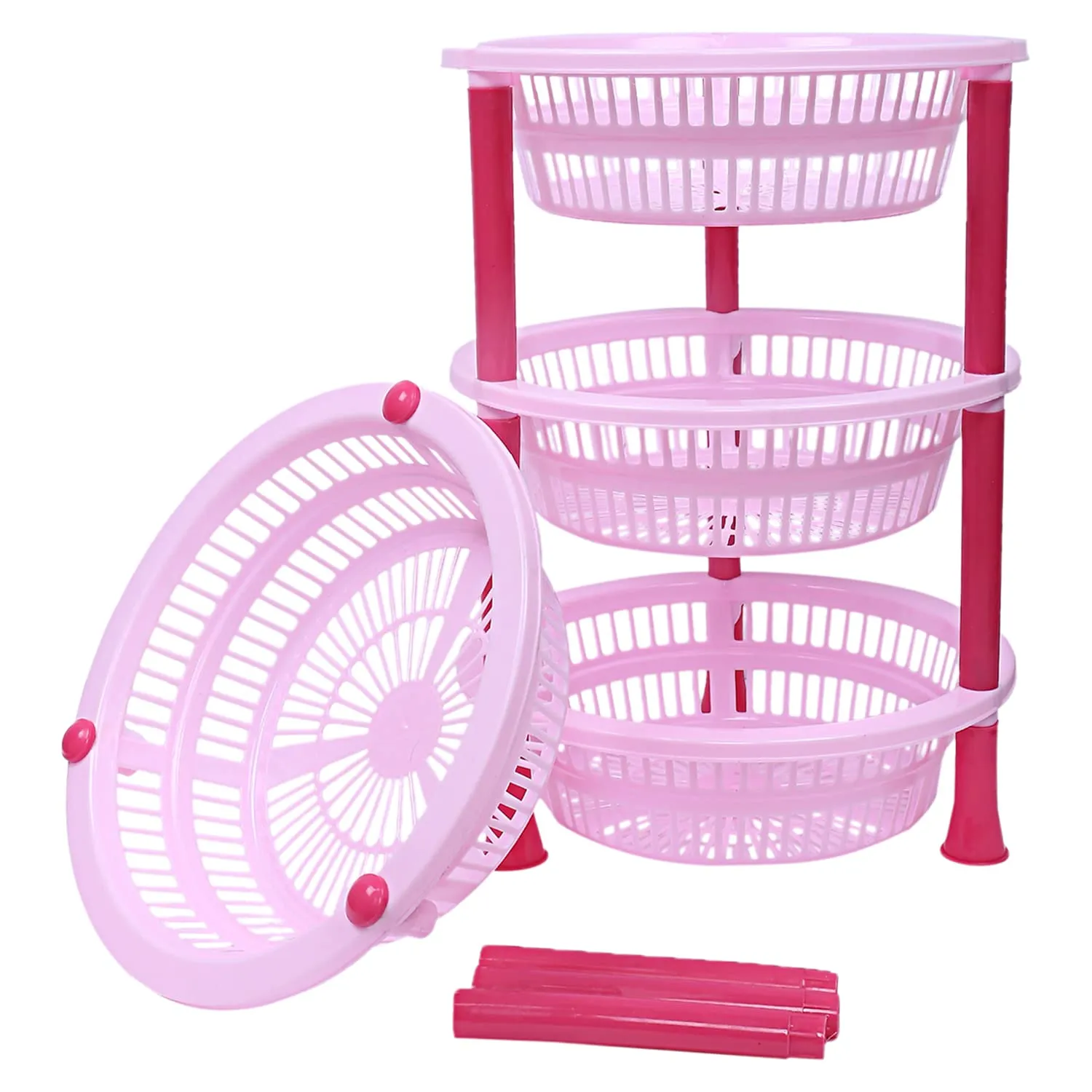 Heart Home Plastic 4-Tier Multi-Purpose Round Storage Basket, Organizer, Shelf Rack (Pink)-50HH01709