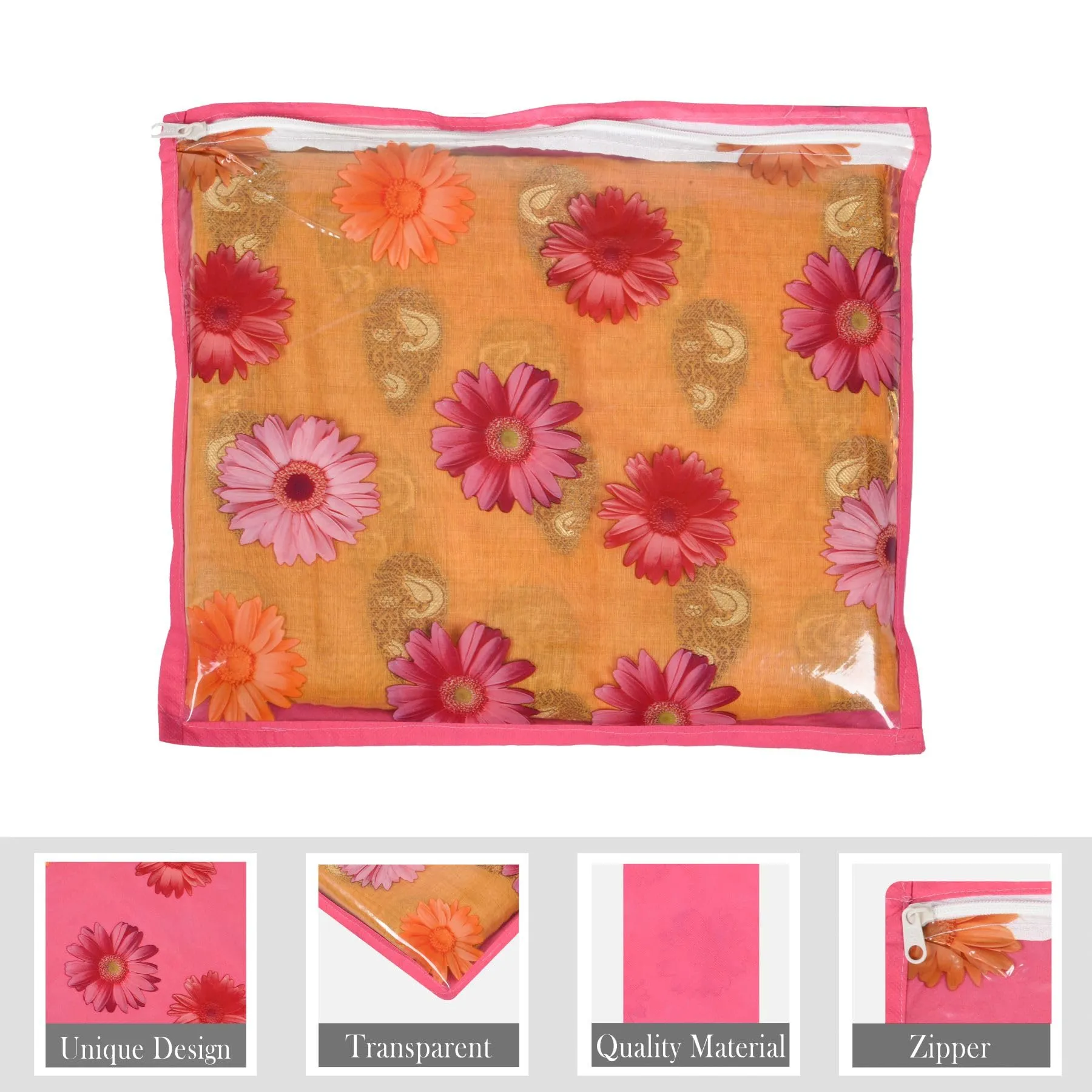 Heart Home Saree Cover | Clothes Storage Bag | Single Packing Saree with Zip Closure | Wardrobe Organizer | Cloth Stoarge Organizer | Flower Design | Pack of 6 | Assorted