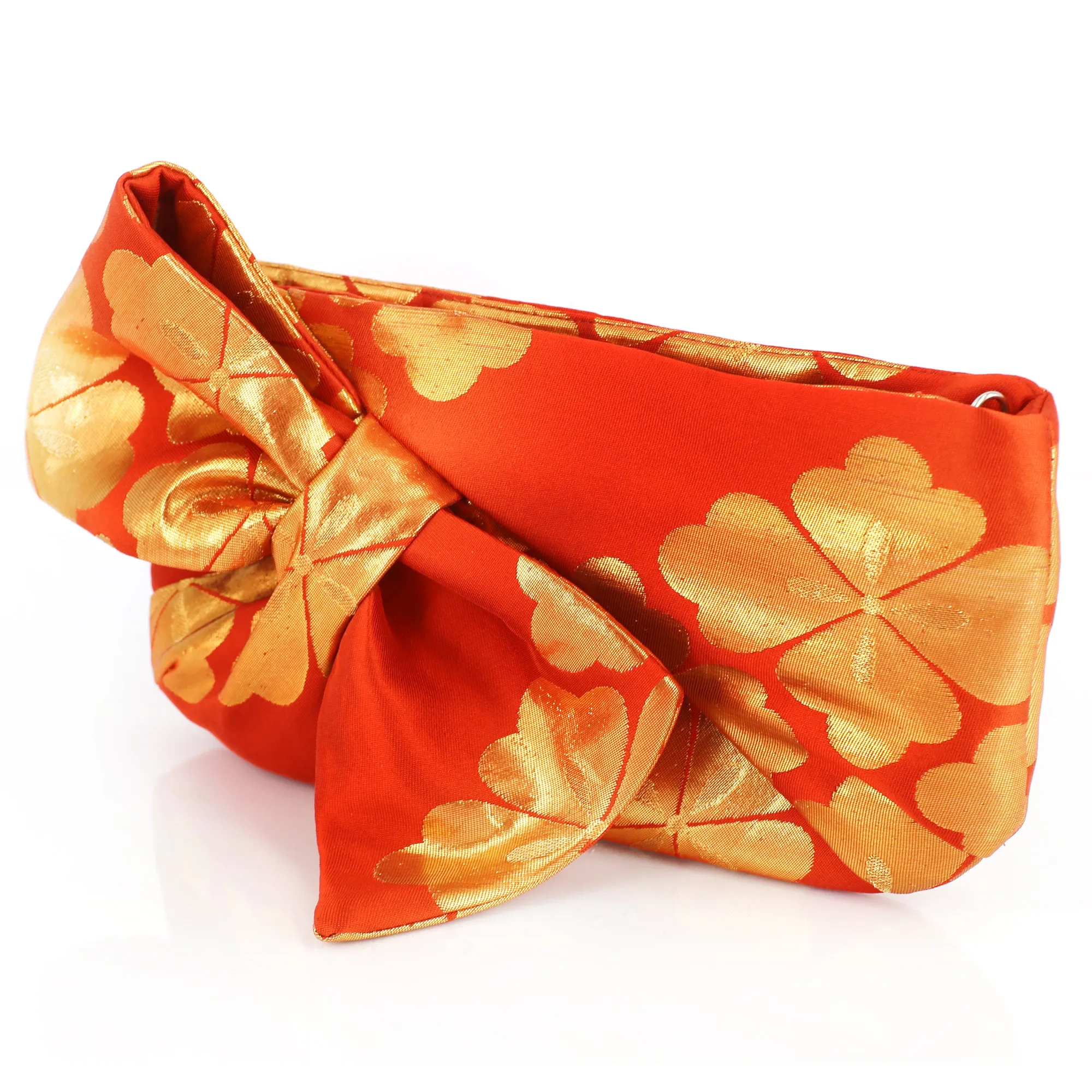 Kimono Obi Bow Clutch Bag | Chrysanthemum Gold and Orange | Upcycled from vintage Japanese Silk