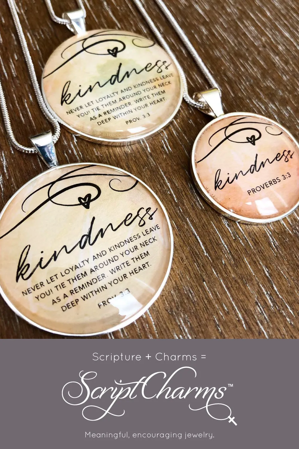 Kindness – Proverbs 3:3 Scripture Silver-Plated Pendant Necklace (2 Sizes) – Add a Matching Charm Bangle!