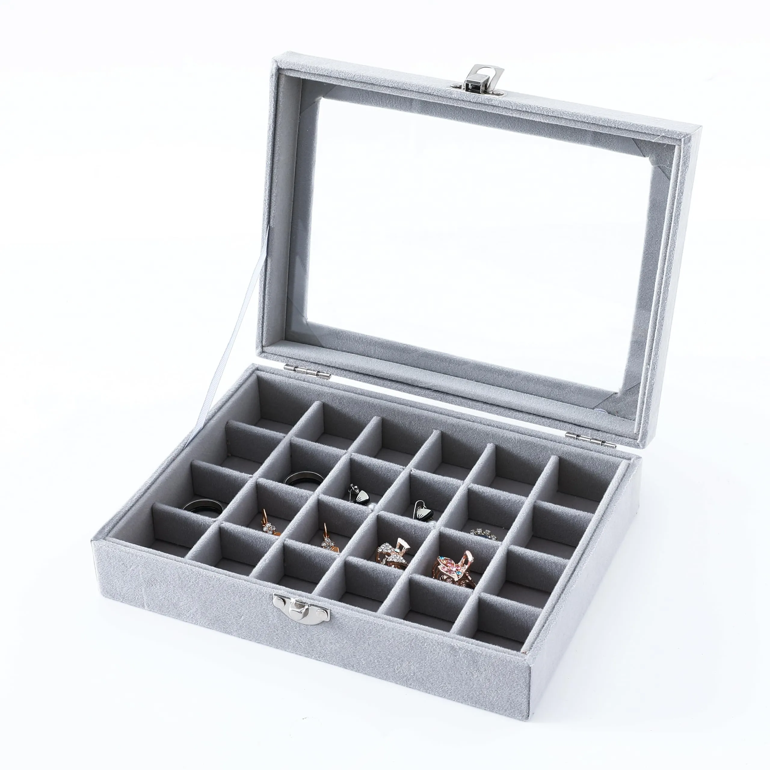 Kuber Industries 24 Grids Velvet Jewelry Box Organizer | Jewelry Storage Box | Jewelry Organizer | Showcase Holder Dresser Organizer for Earring Necklace Bracelet Ring | Pack of 5 | YBLG03 | Grey