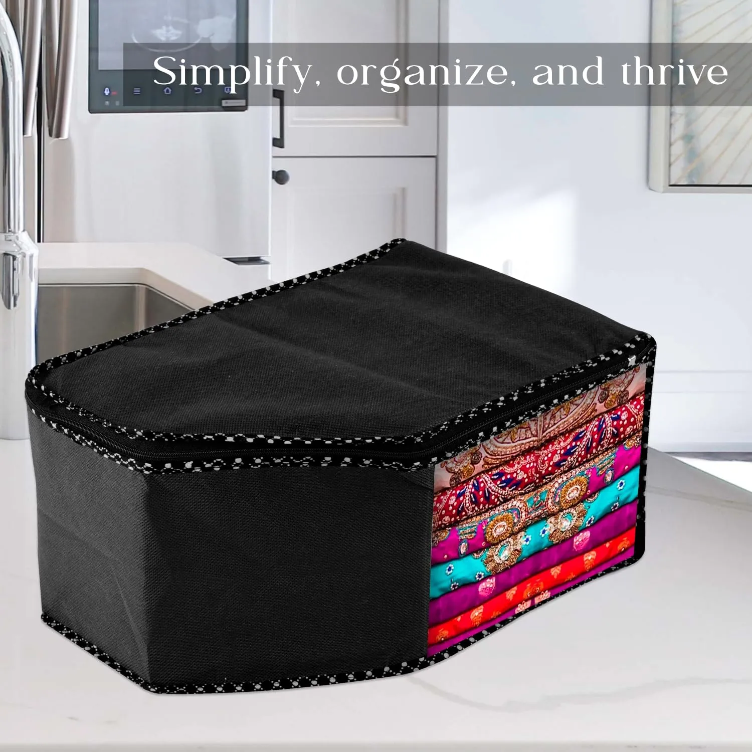 Kuber Industries Blouse Cover | Clothes Storage Bag | Zipper Wardrobe Organizers | Non-Woven Clothes Organiser | Side Transparent Blouse Organizer | Dot Border | Pack of 12 | Black