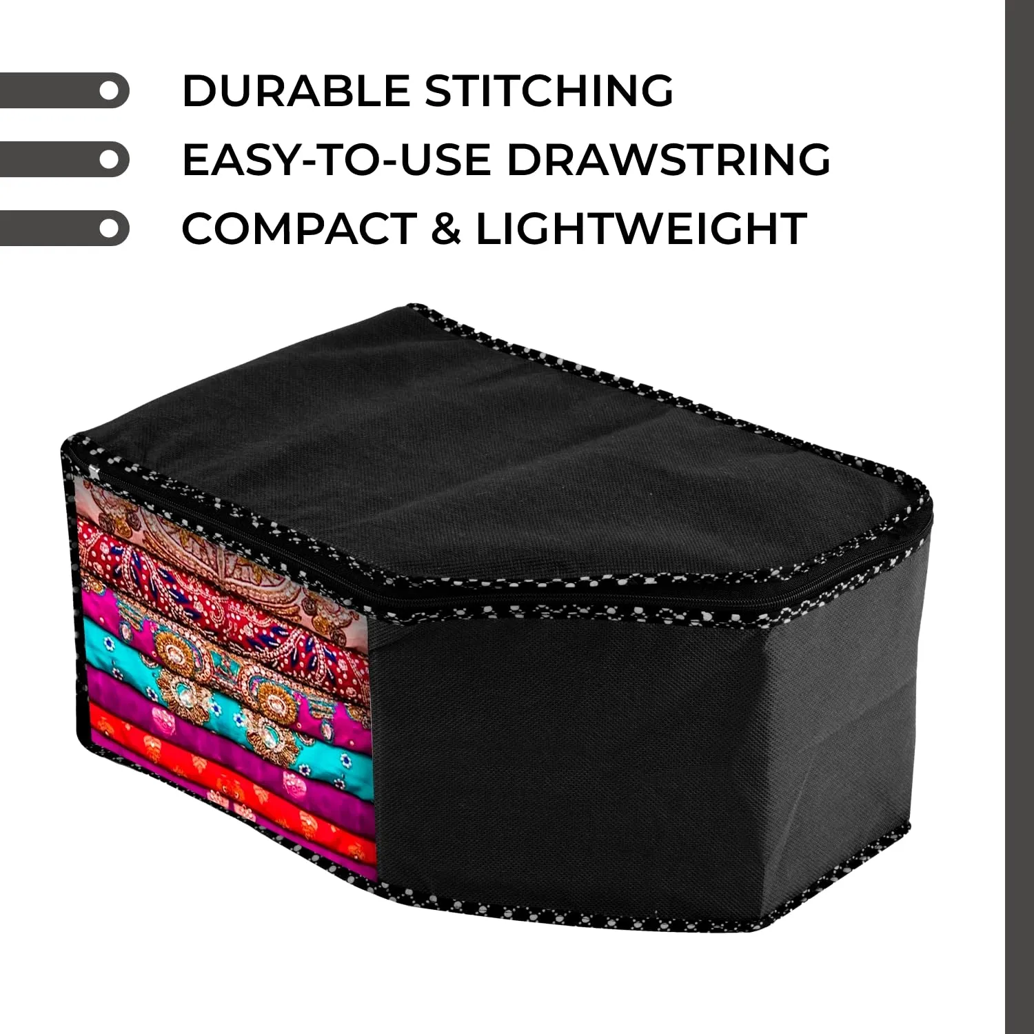 Kuber Industries Blouse Cover | Clothes Storage Bag | Zipper Wardrobe Organizers | Non-Woven Clothes Organiser | Side Transparent Blouse Organizer | Dot Border | Pack of 12 | Black