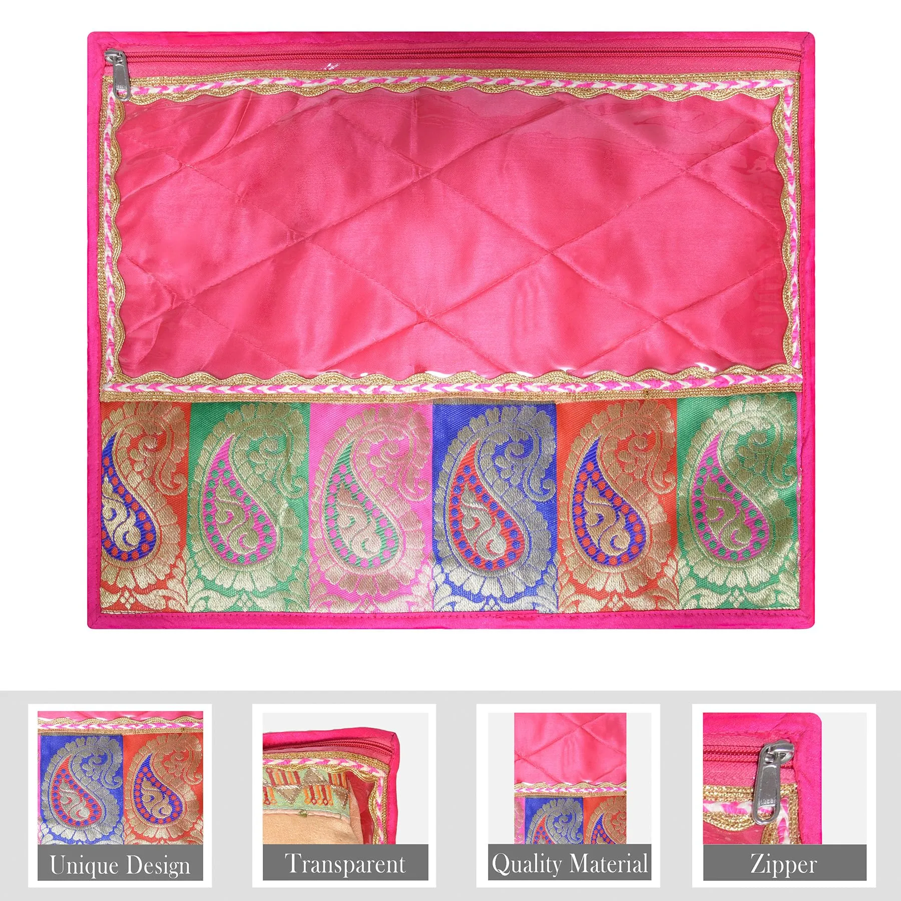 Kuber Industries Saree Cover | Clothes Storage Bag | Single Packing Saree with Zip Closure | Wardrobe Organizer | Cloth Stoarge Organizer | Carry Half Lace Transparent | Pack of 12 | Pink