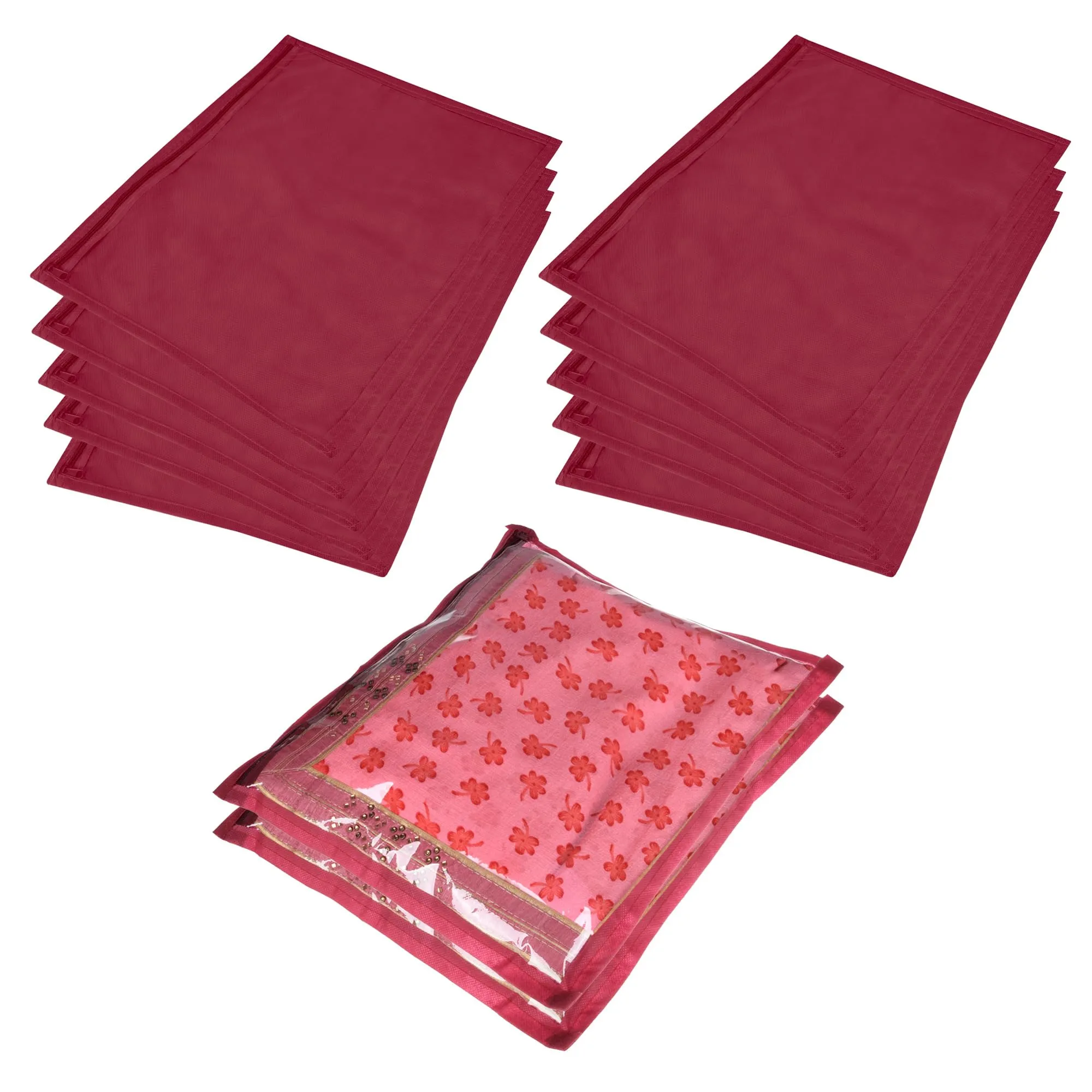 Kuber Industries Saree Cover | Clothes Storage Bag | Single Packing Saree with Zip Closure | Wardrobe Organizer | Cloth Stoarge Organizer | Plain Saree Cover | Pack of 12 | Maroon