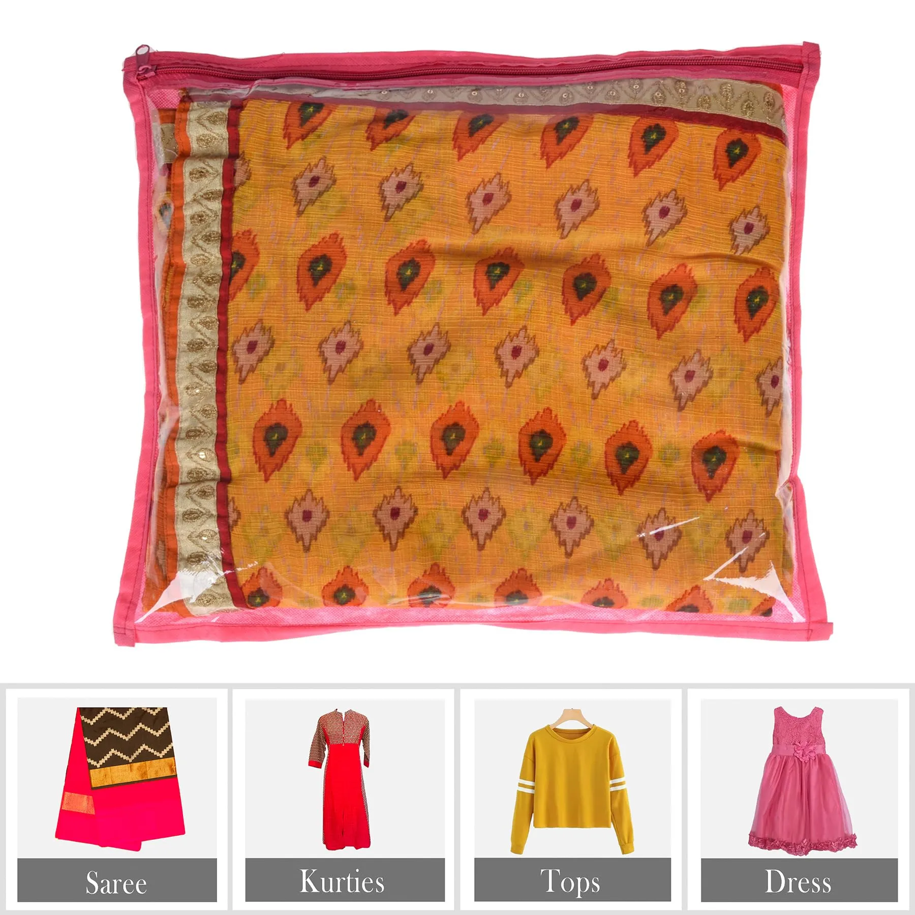 Kuber Industries Saree Cover | Clothes Storage Bag | Single Packing Saree with Zip Closure | Wardrobe Organizer | Cloth Stoarge Organizer | Plain Saree Cover | Pack of 6 | Pink