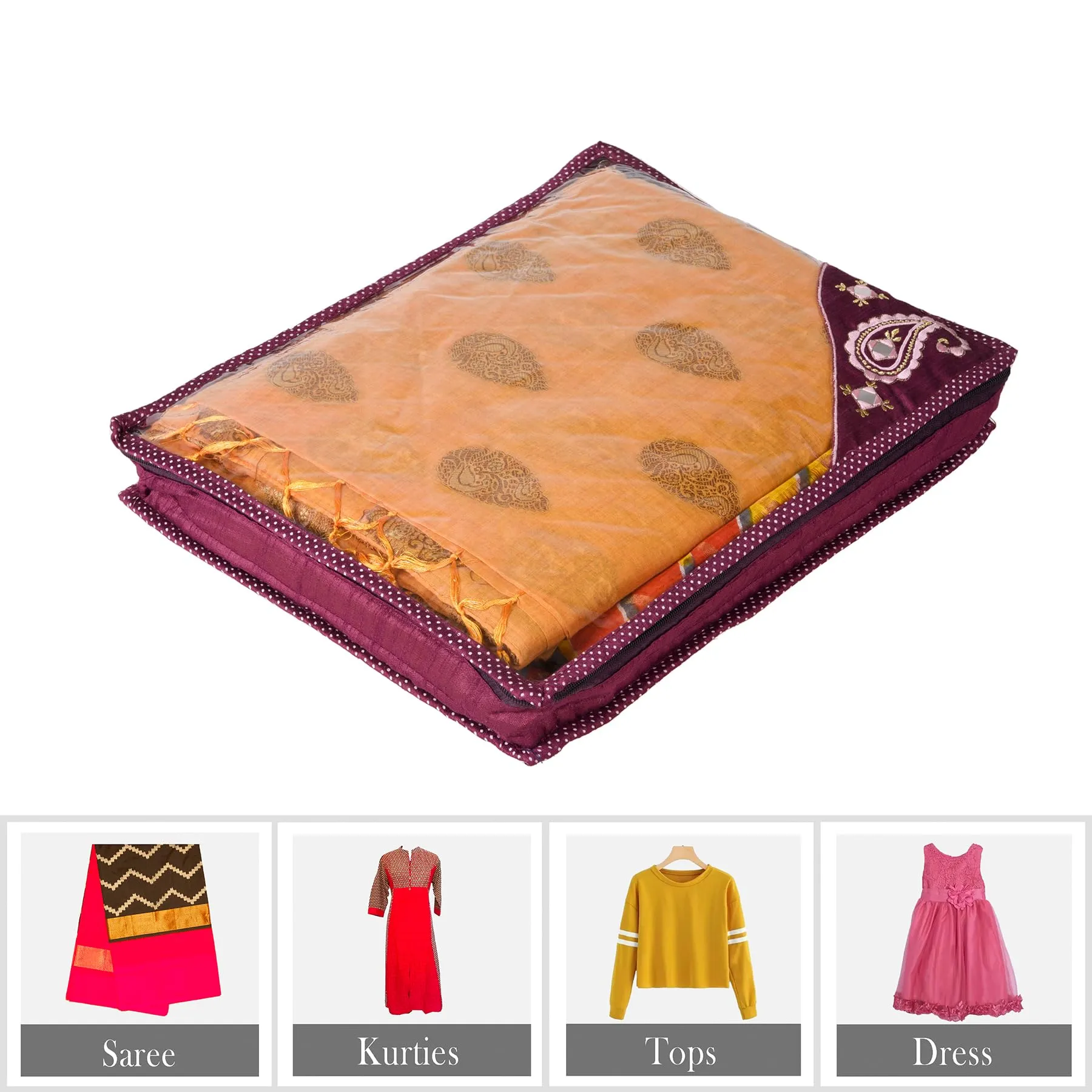 Kuber Industries Saree Cover | Clothes Storage Bag | Suit Packing Cover | Cloth Stoarge Organizer | Wardrobe Cloth Storage Organiser with Zip | Side Embroidery-Design | 3 Inch | Pack of 12 | Purple