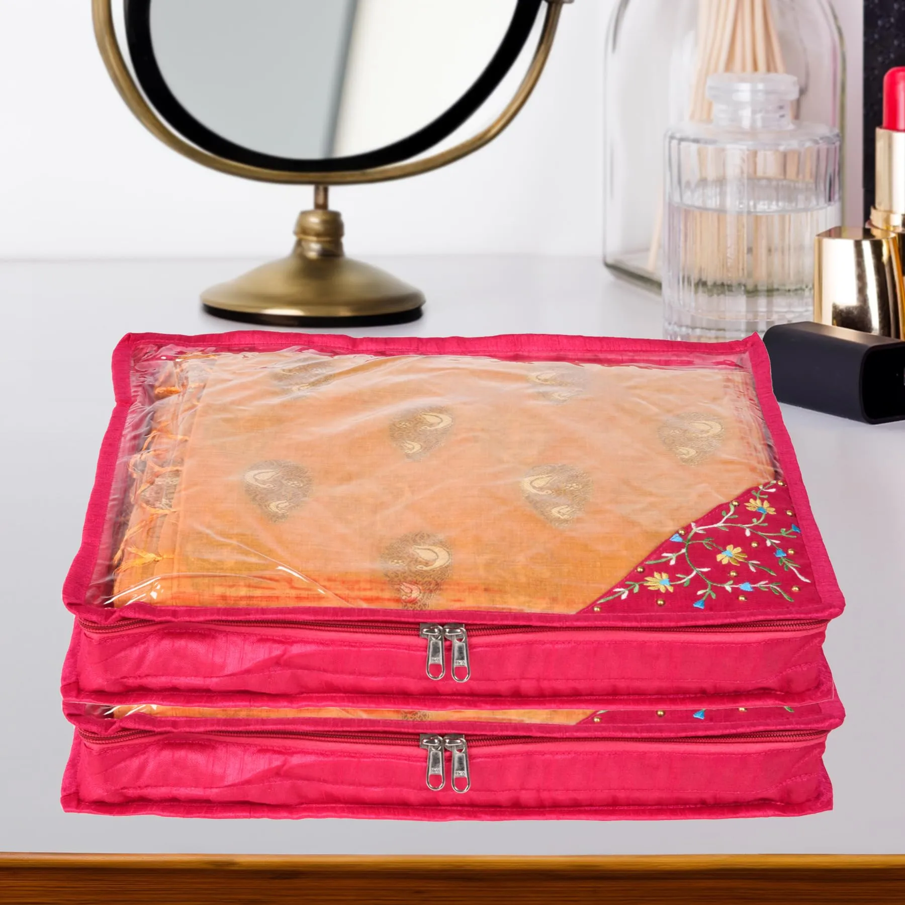 Kuber Industries Saree Cover | Clothes Storage Bag | Suit Packing Cover | Cloth Stoarge Organizer | Wardrobe Cloth Storage Organiser with Zip | Side Embroidery-Design | 3 Inch | Pack of 6 | Pink