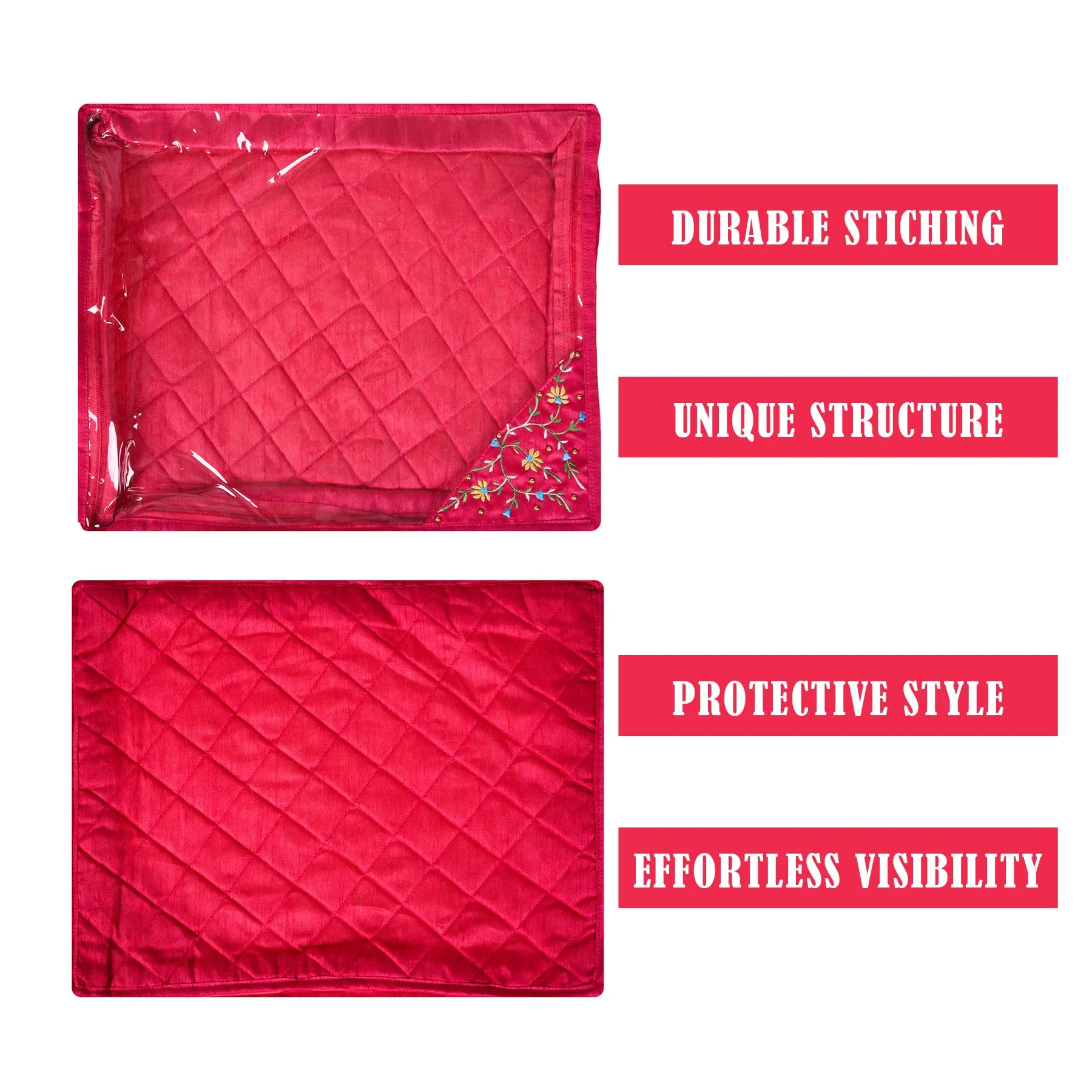 Kuber Industries Saree Cover | Clothes Storage Bag | Suit Packing Cover | Cloth Stoarge Organizer | Wardrobe Cloth Storage Organiser with Zip | Side Embroidery-Design | 3 Inch | Pack of 6 | Pink