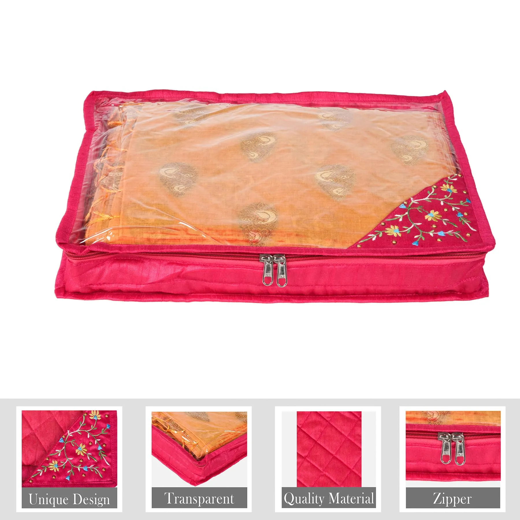 Kuber Industries Saree Cover | Clothes Storage Bag | Suit Packing Cover | Cloth Stoarge Organizer | Wardrobe Cloth Storage Organiser with Zip | Side Embroidery-Design | 3 Inch | Pack of 6 | Pink