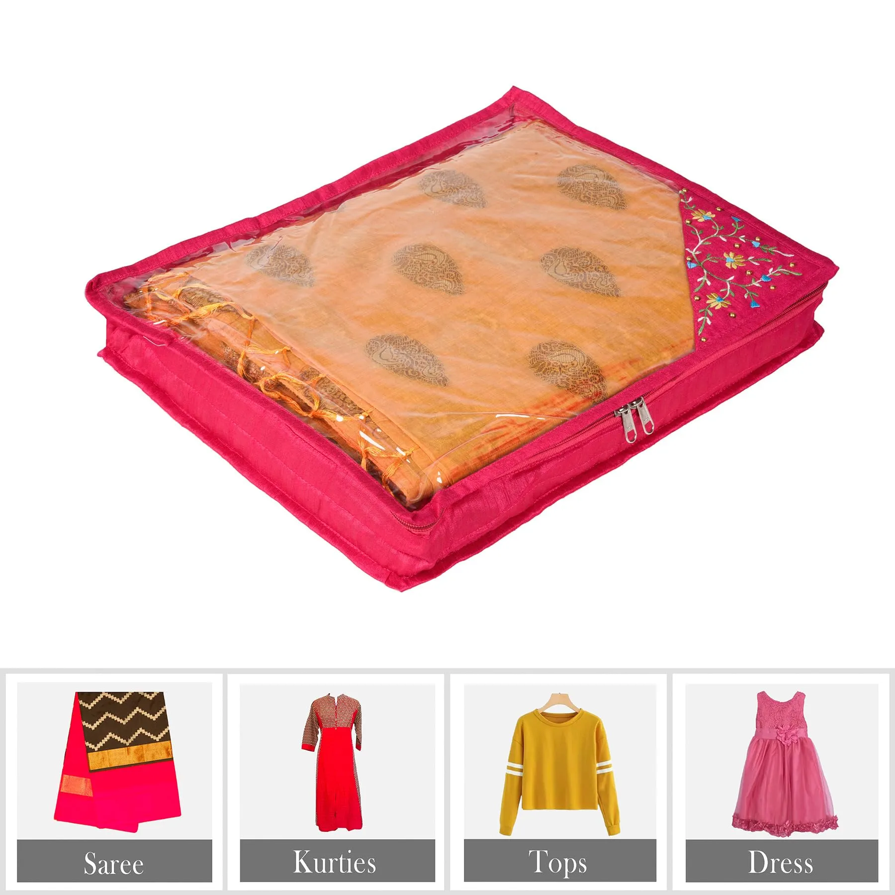 Kuber Industries Saree Cover | Clothes Storage Bag | Suit Packing Cover | Cloth Stoarge Organizer | Wardrobe Cloth Storage Organiser with Zip | Side Embroidery-Design | 3 Inch | Pack of 6 | Pink