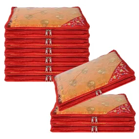 Kuber Industries Saree Cover | Clothes Storage Bag | Suit Packing Cover | Cloth Stoarge Organizer | Wardrobe Cloth Storage Organiser with Zip | Side Embroidery-Design | 3 Inch | Pack of 9 | Red