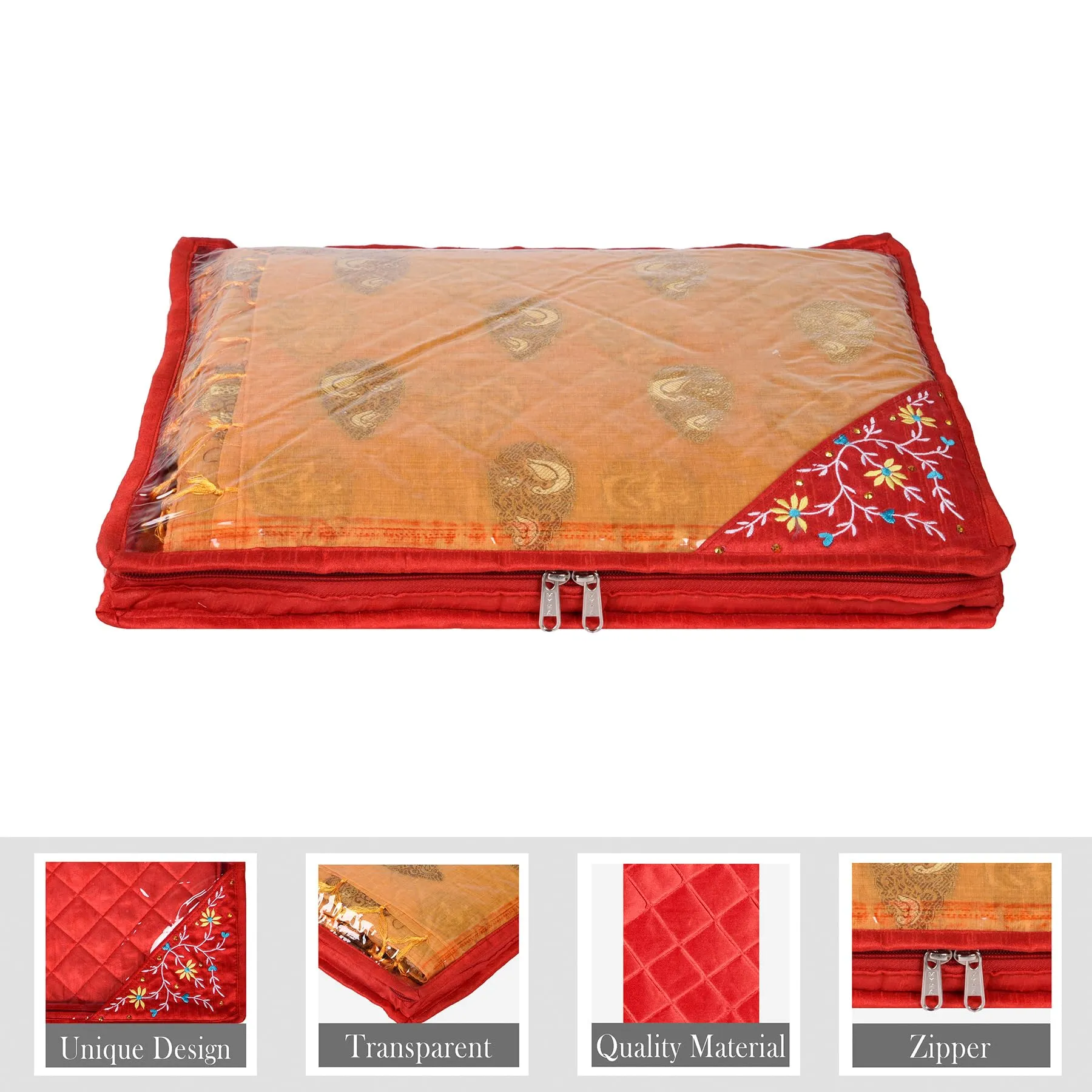 Kuber Industries Saree Cover | Clothes Storage Bag | Suit Packing Cover | Cloth Stoarge Organizer | Wardrobe Cloth Storage Organiser with Zip | Side Embroidery-Design | 3 Inch | Pack of 9 | Red