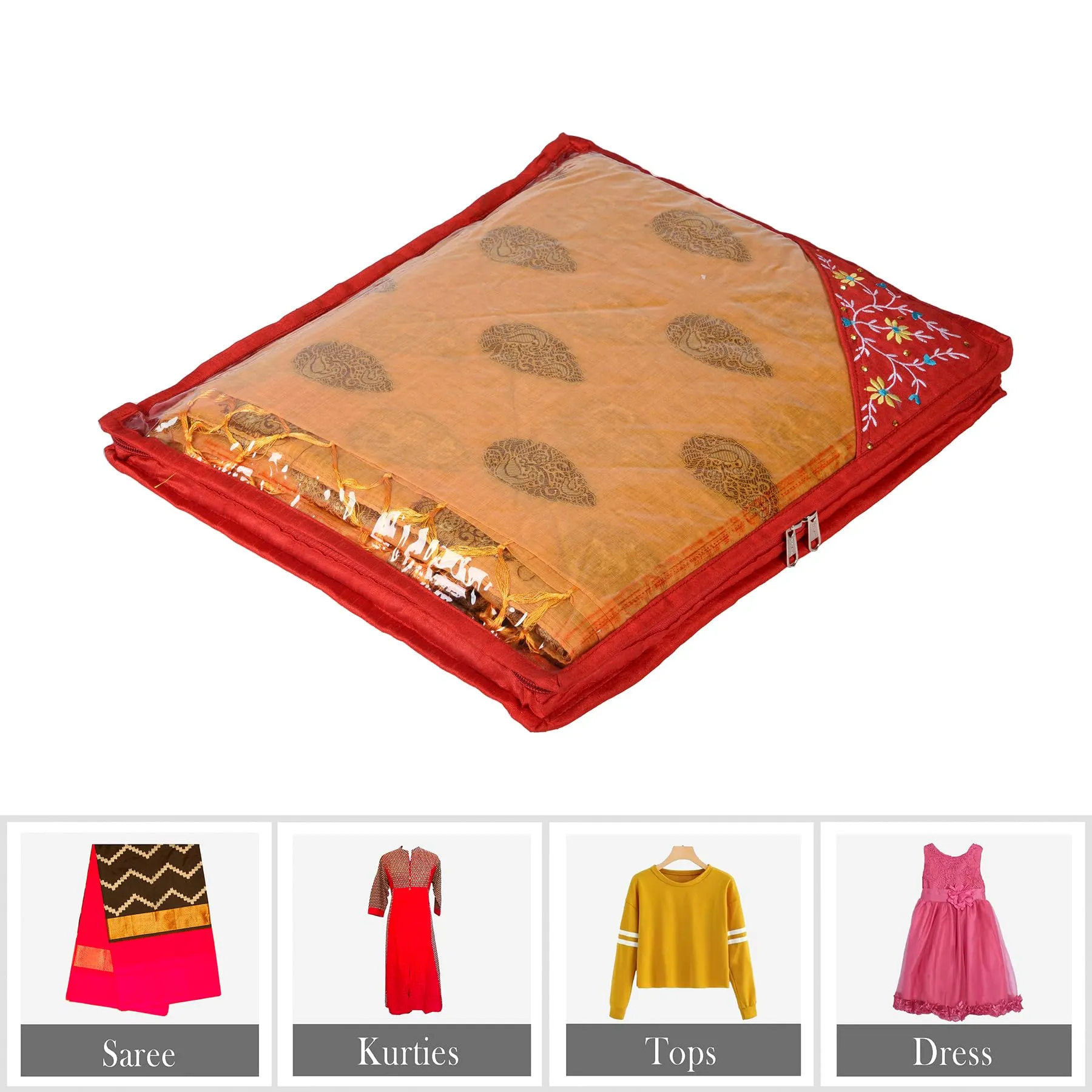 Kuber Industries Saree Cover | Clothes Storage Bag | Suit Packing Cover | Cloth Stoarge Organizer | Wardrobe Cloth Storage Organiser with Zip | Side Embroidery-Design | 3 Inch | Pack of 9 | Red