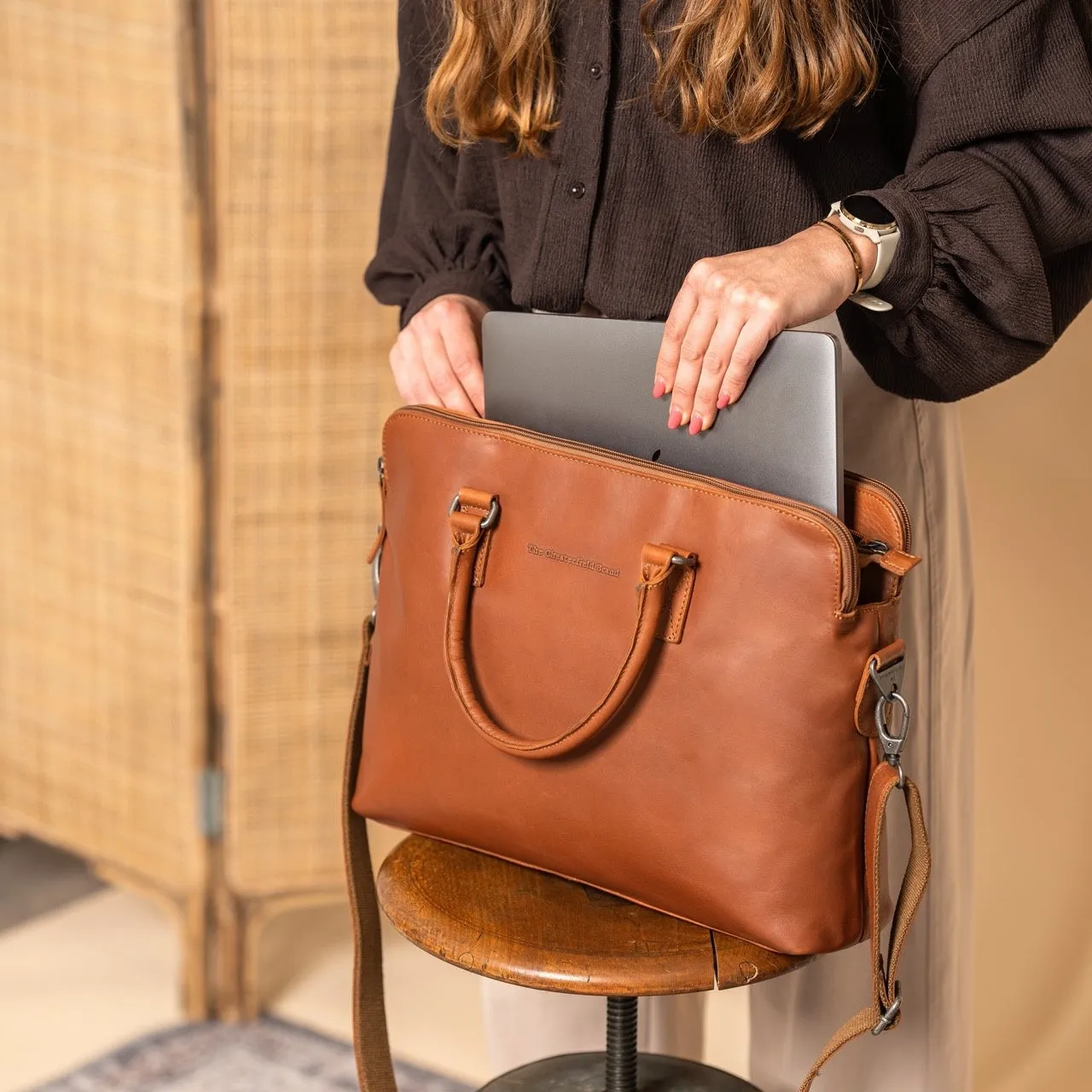 Leather Laptop Bag Cognac Cameron