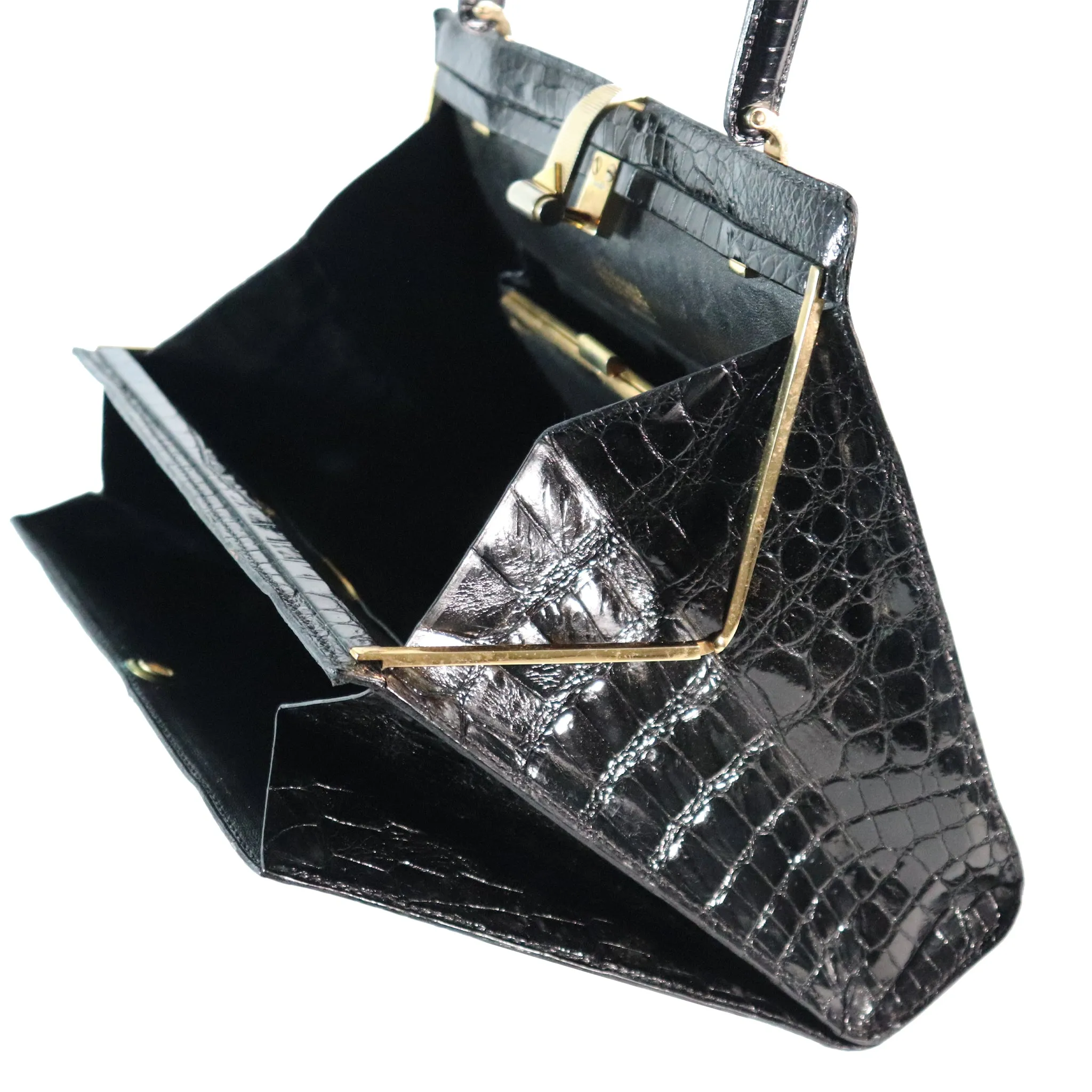 Lederer Black Alligator Purse W/ Gold Hardware & Expandable Frame