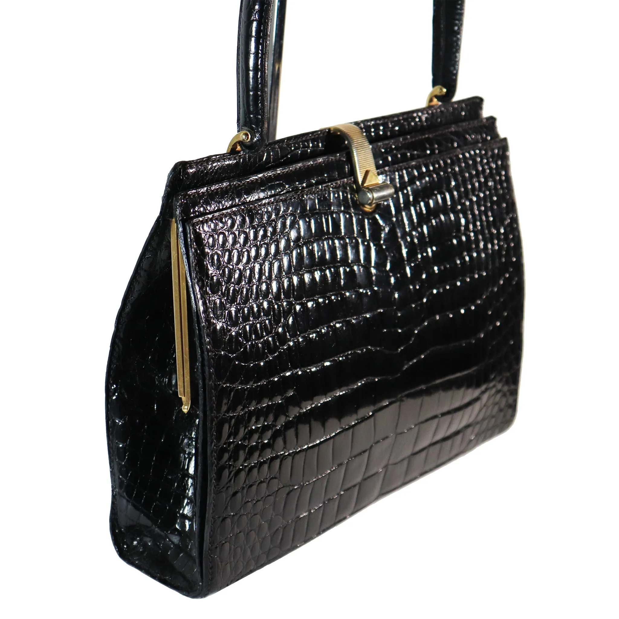 Lederer Black Alligator Purse W/ Gold Hardware & Expandable Frame