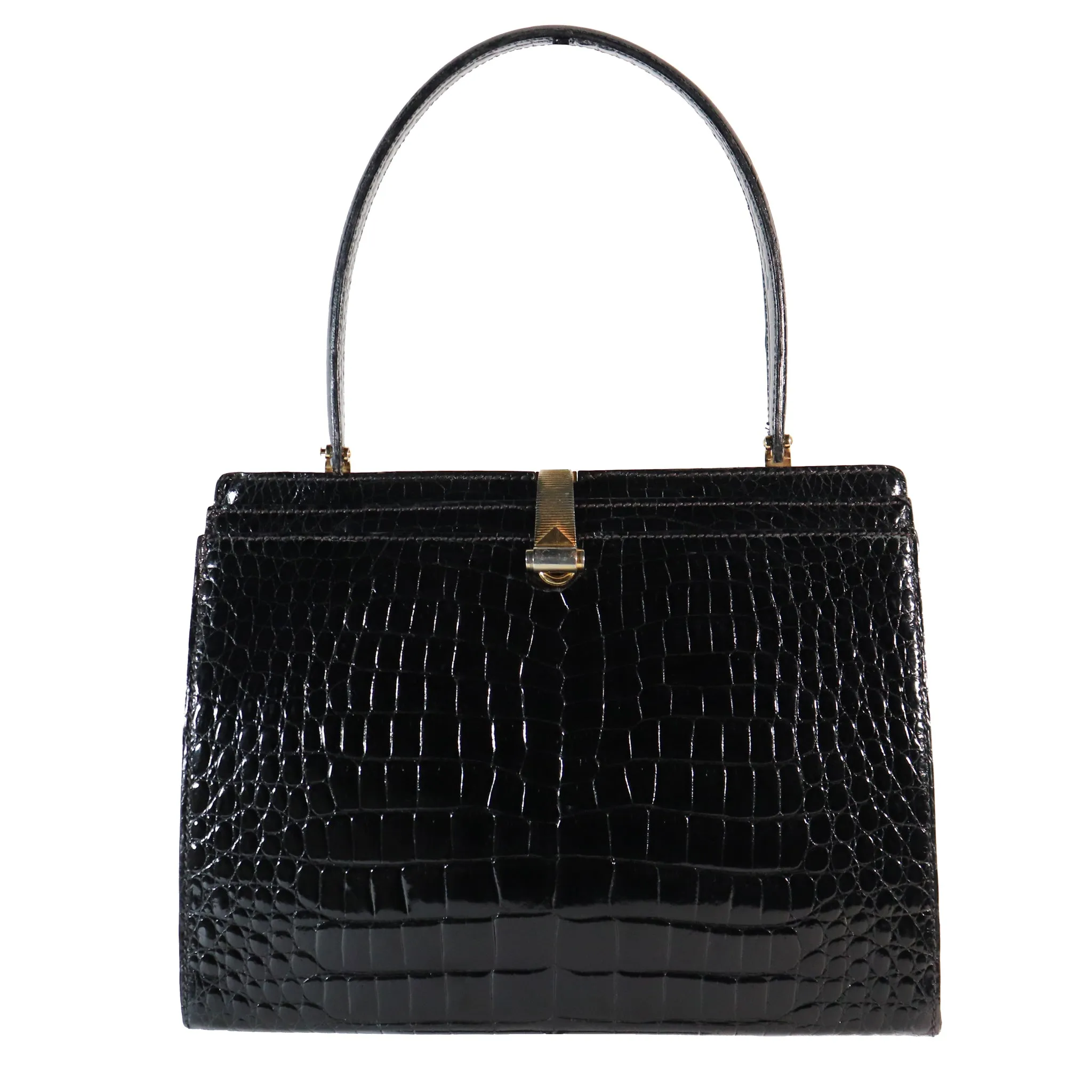 Lederer Black Alligator Purse W/ Gold Hardware & Expandable Frame