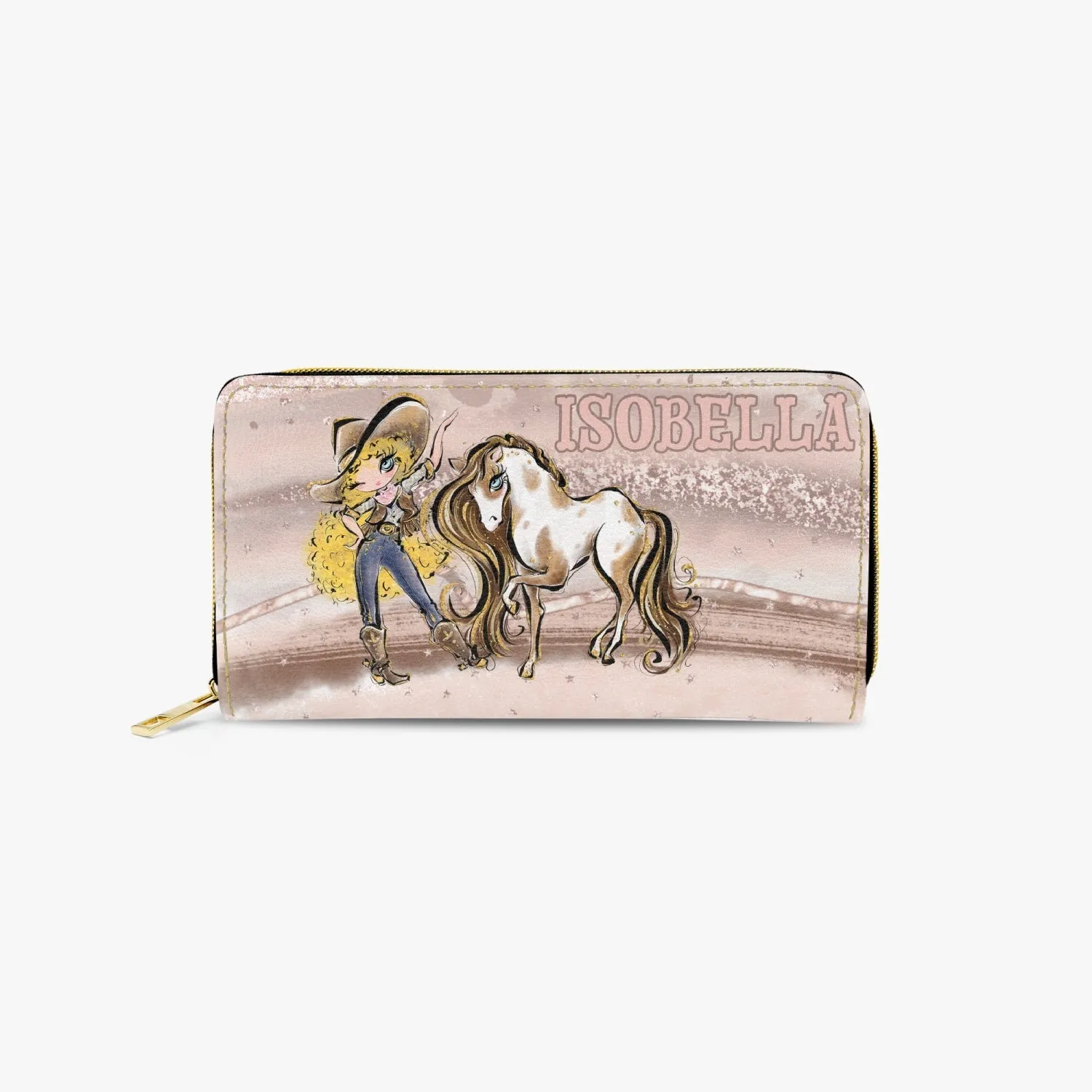 Long Type Zipper Purse, Howdy Cowgirl & Horse Blond Curly Hair Blue Eyes, Personalised