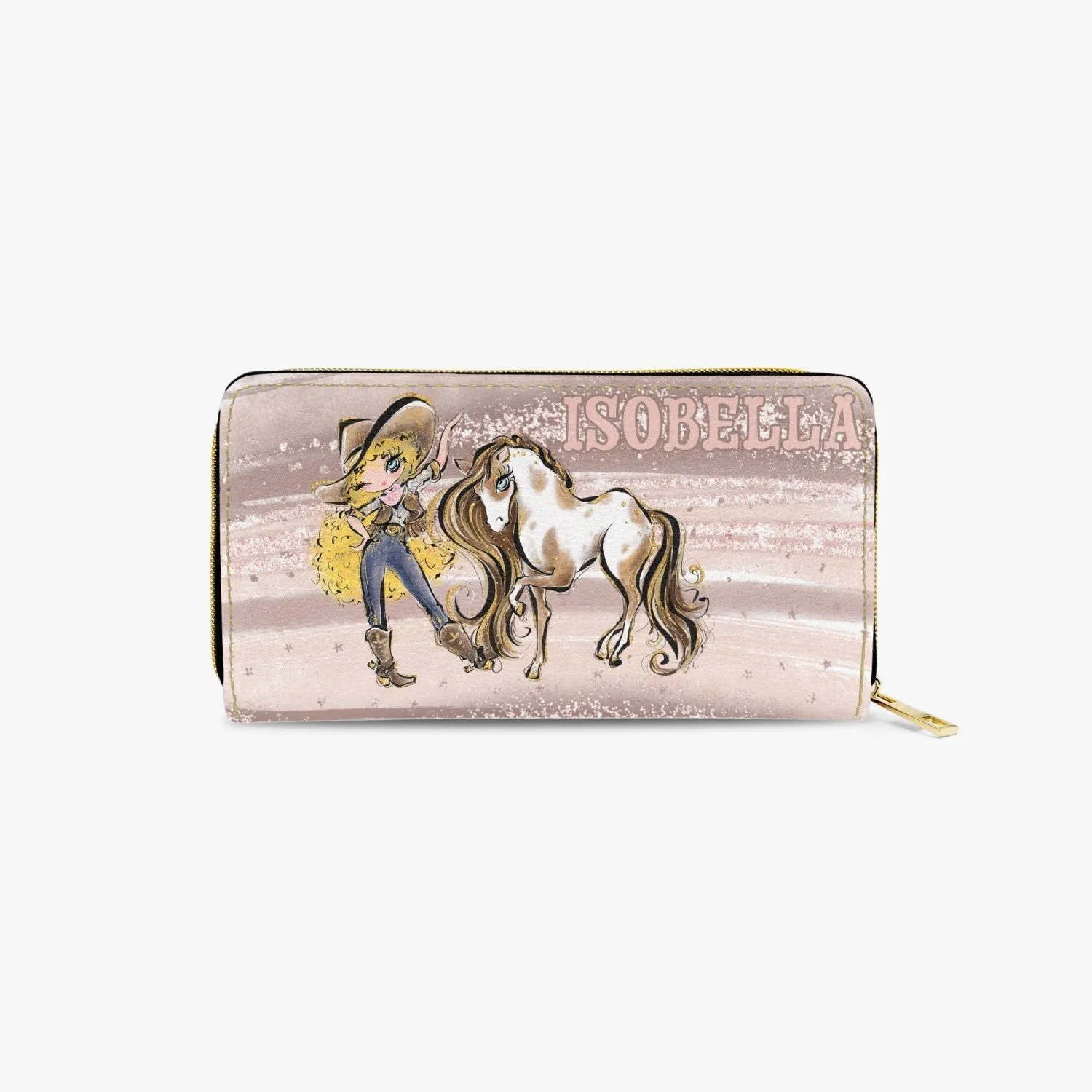 Long Type Zipper Purse, Howdy Cowgirl & Horse Blond Curly Hair Blue Eyes, Personalised