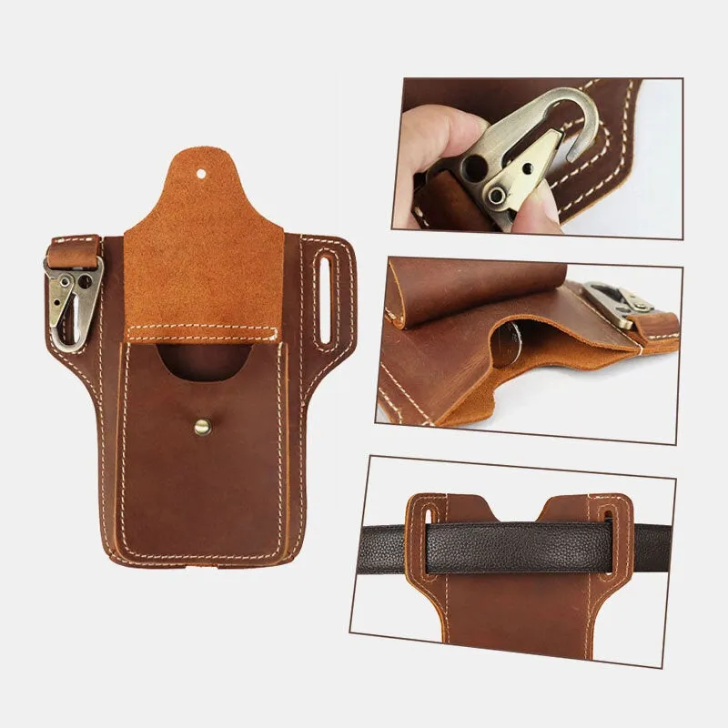 Men Genuine Leather Multifunction Keychain Sport Waist Bag Retro 6.5 Inch Phone Waterproof Belt