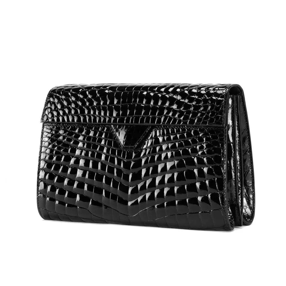 Mens Genuine Crocodile Leather High Glossy Baking Beaded Belly Leather Clutch Bag Black