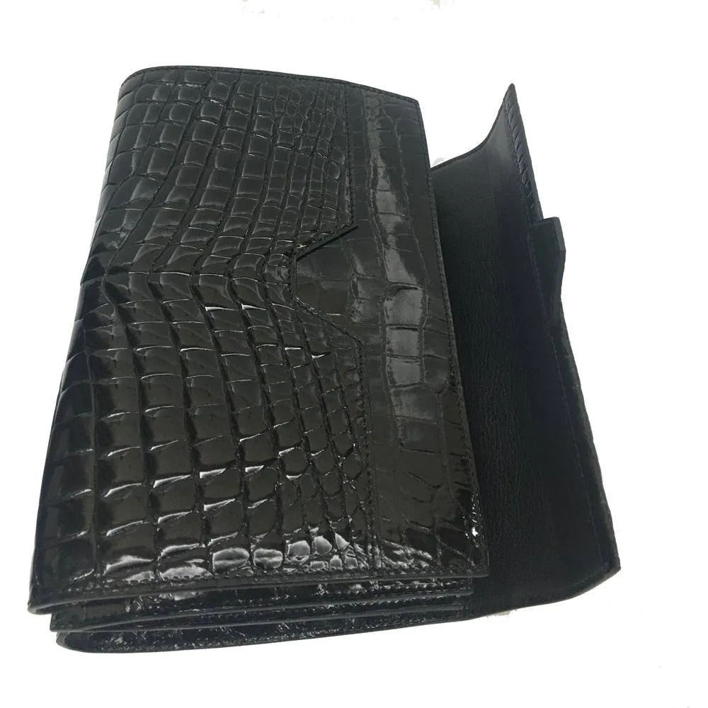 Mens Genuine Crocodile Leather High Glossy Baking Beaded Belly Leather Clutch Bag Black