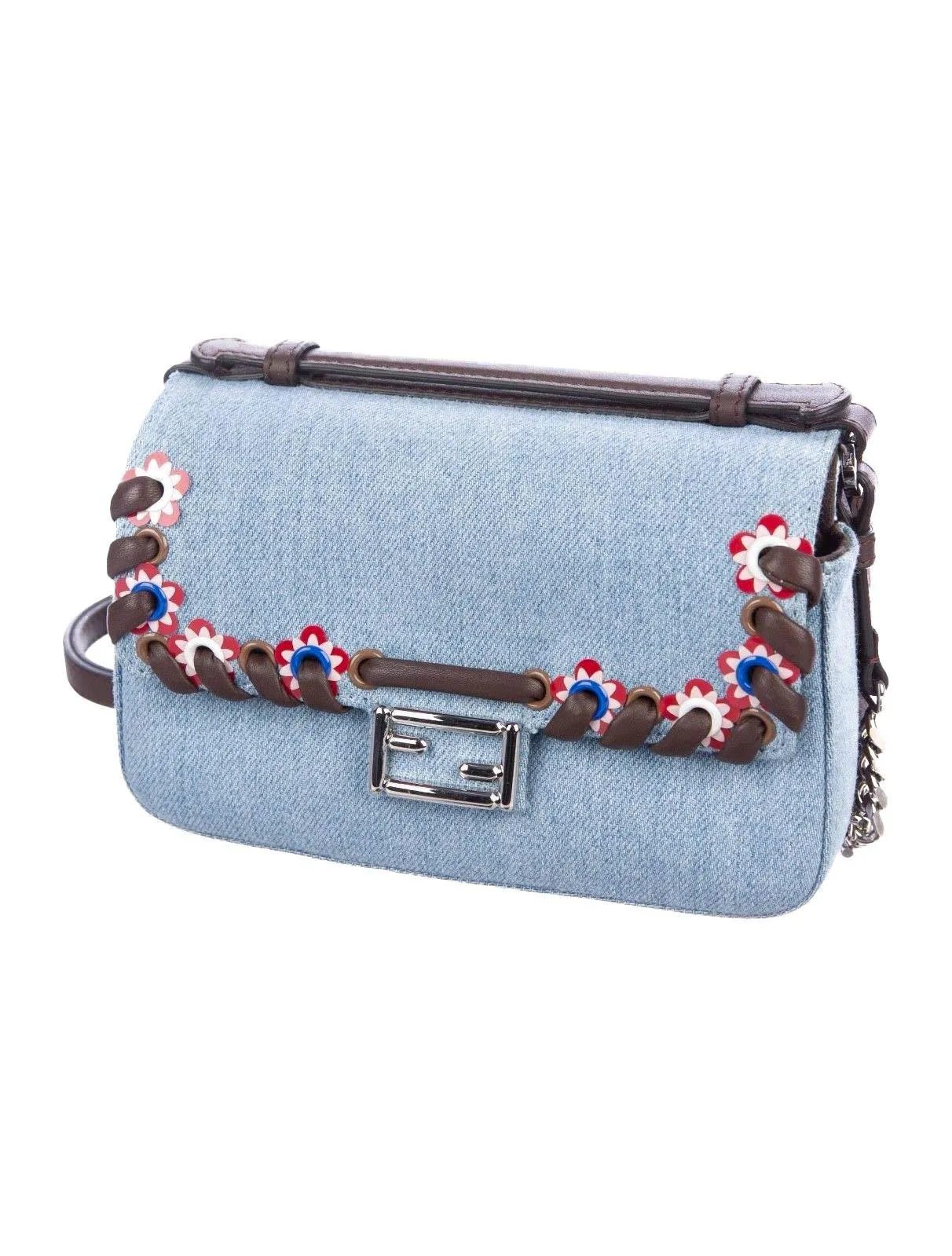 Micro Baguette Denim FF Blue Brown Mini Shoulder Crossbody Chain Bag