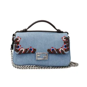 Micro Baguette Denim FF Blue Brown Mini Shoulder Crossbody Chain Bag