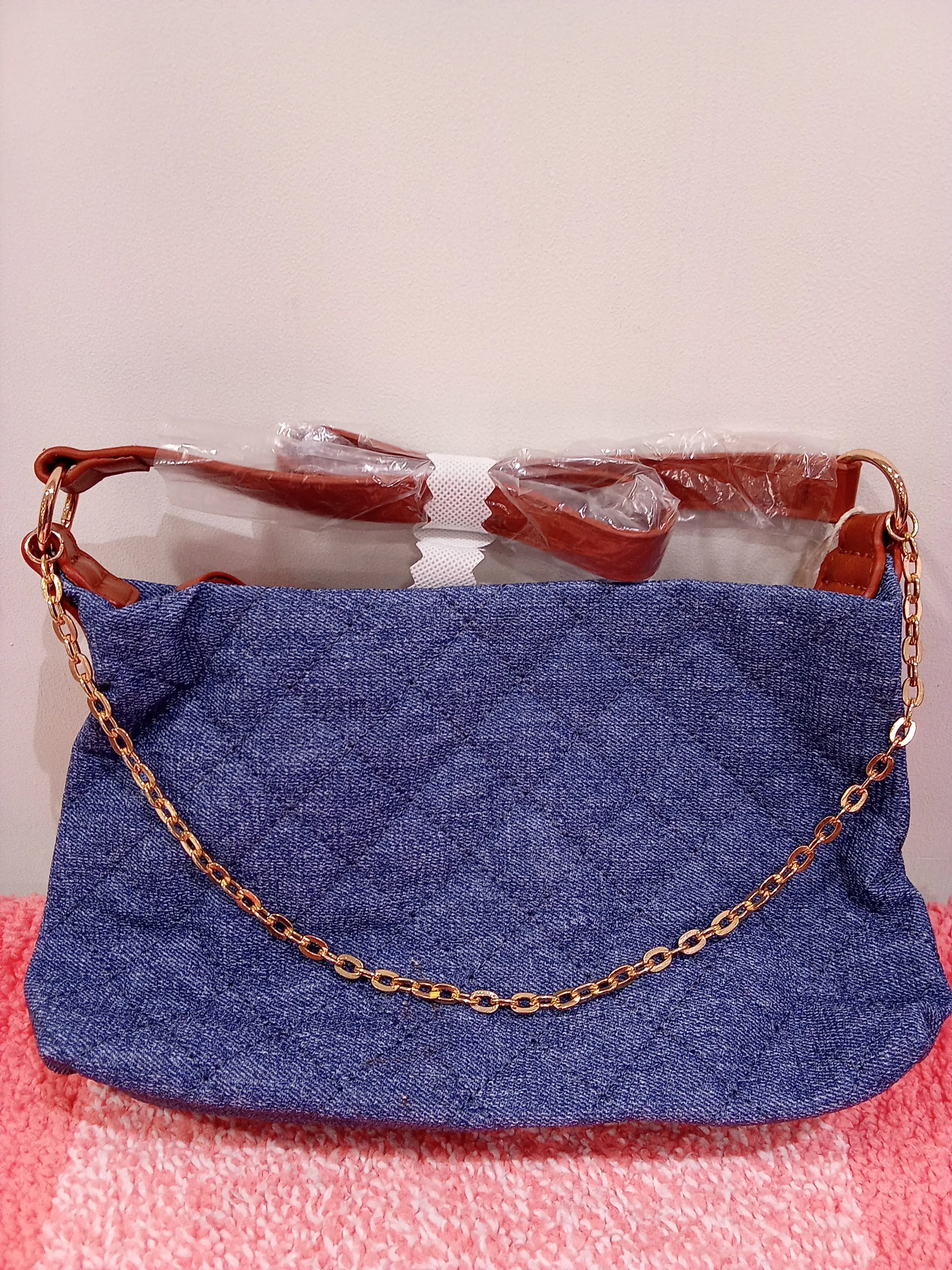 Miniso Imitation Denim Series Quilted Shoulder Bag with Decorative Chain