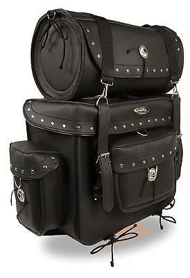 MOTORCYCLE LARGE 2 PC PVC STUDDED TOURING TRAVEL BAG BAR LUGGAGE W/RAIN COVER