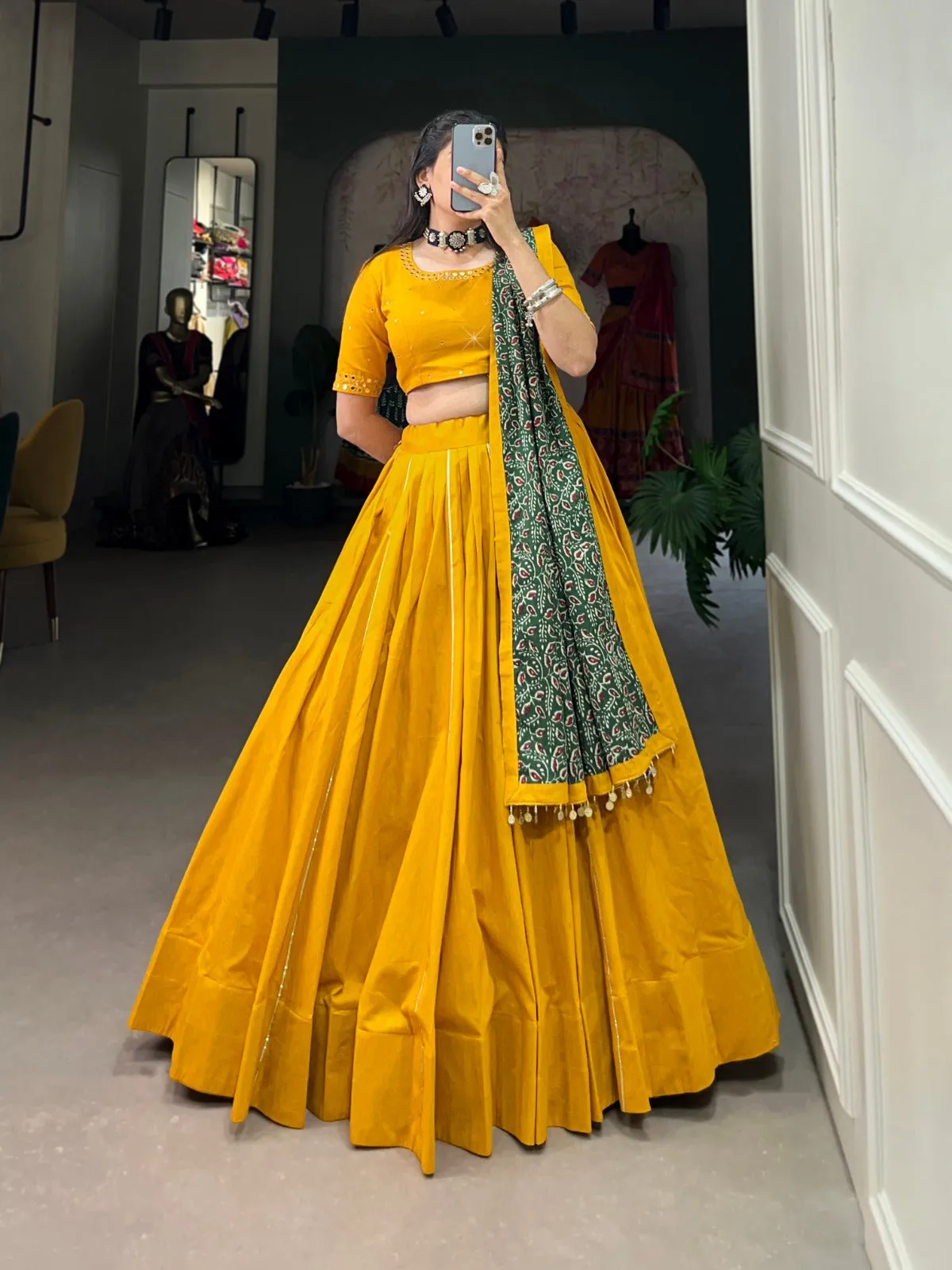 Mustard Pure Cotton Lehenga Choli Set with Purse