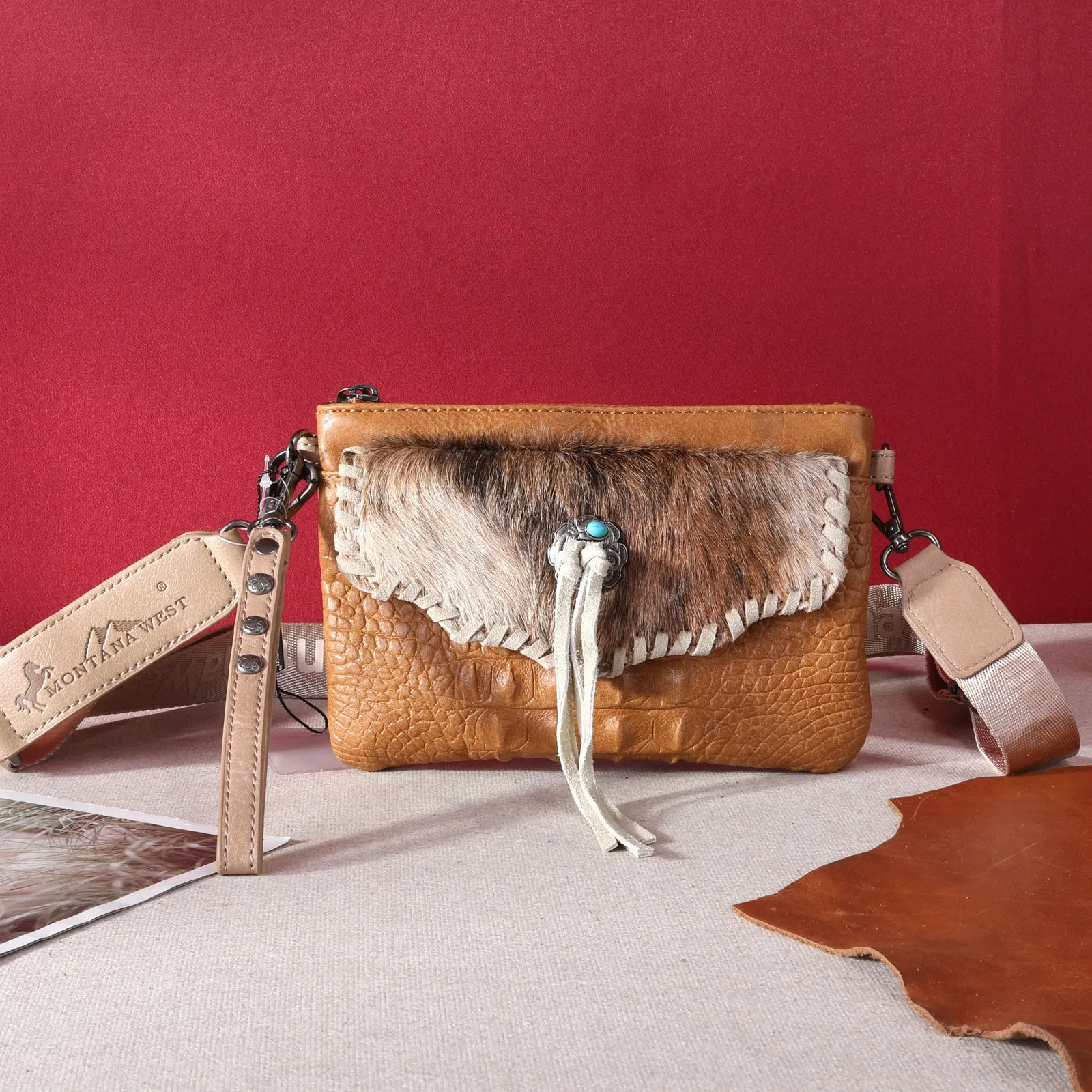 MW1268-181  Montana West Hair-On Cowhide Croc Embossed  Clutch/Crossbody