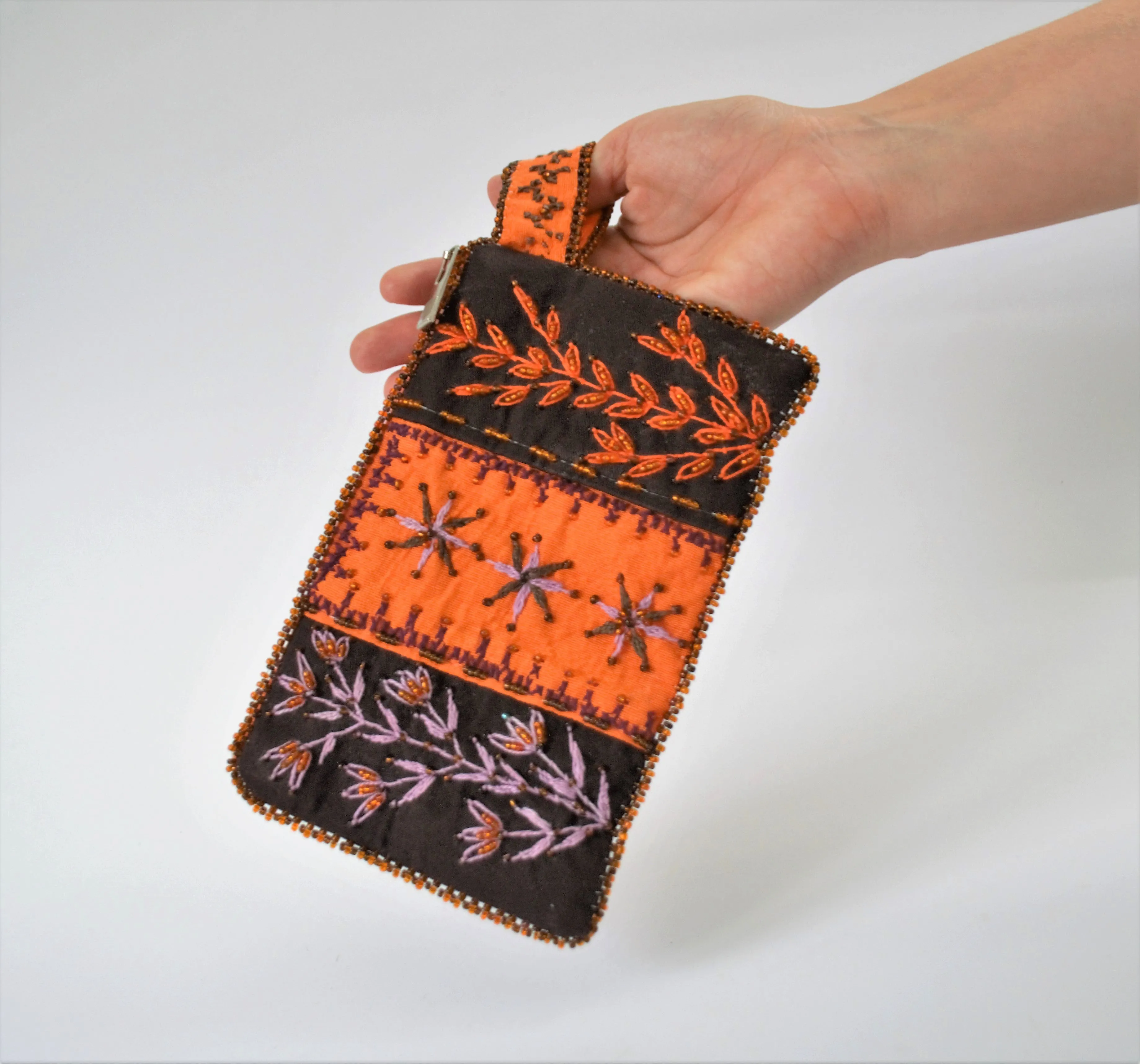 Orange purse, Leaves embroidered bag, Beaded Woman purse wallet