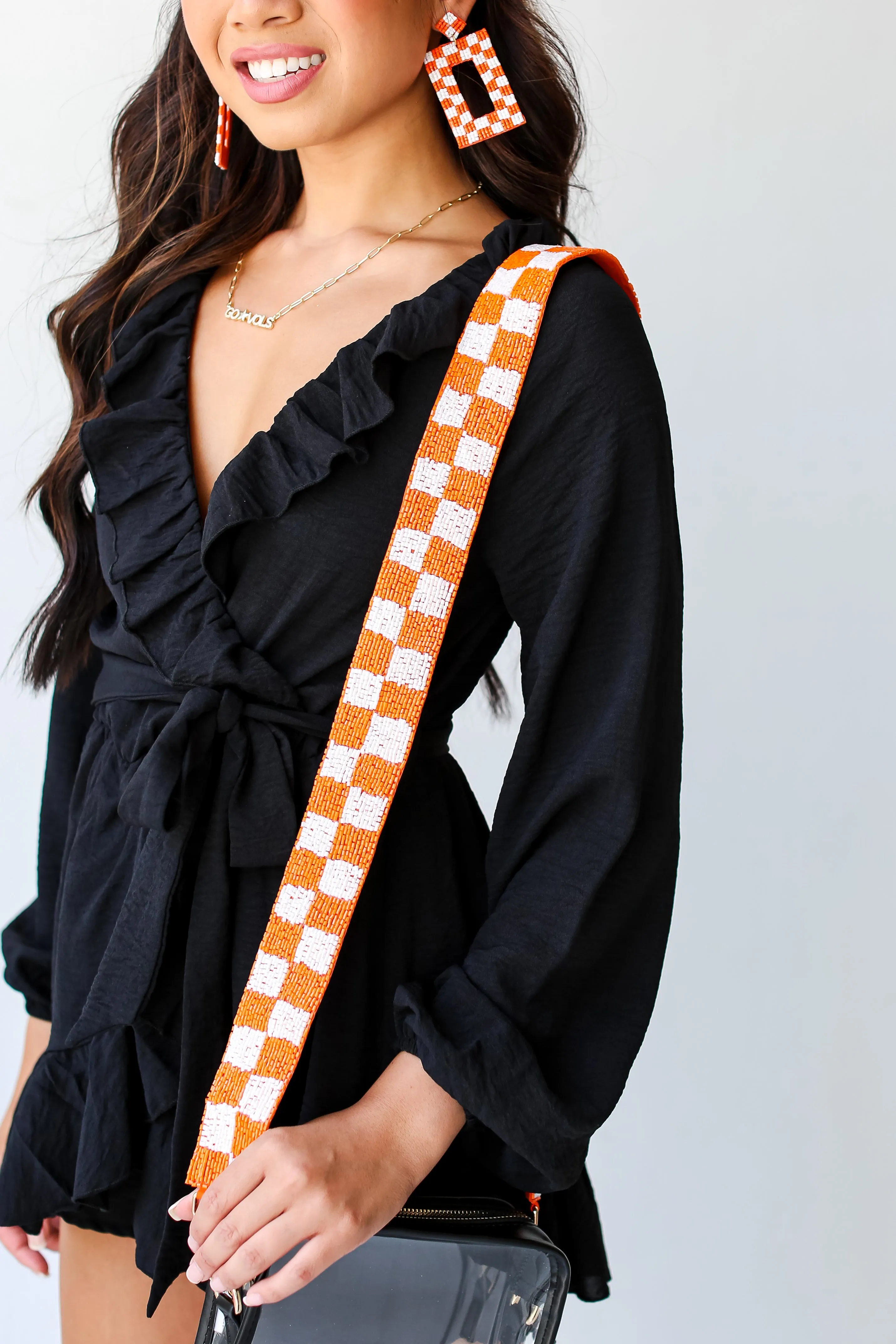 Orange   White Checkered Beaded Purse Strap