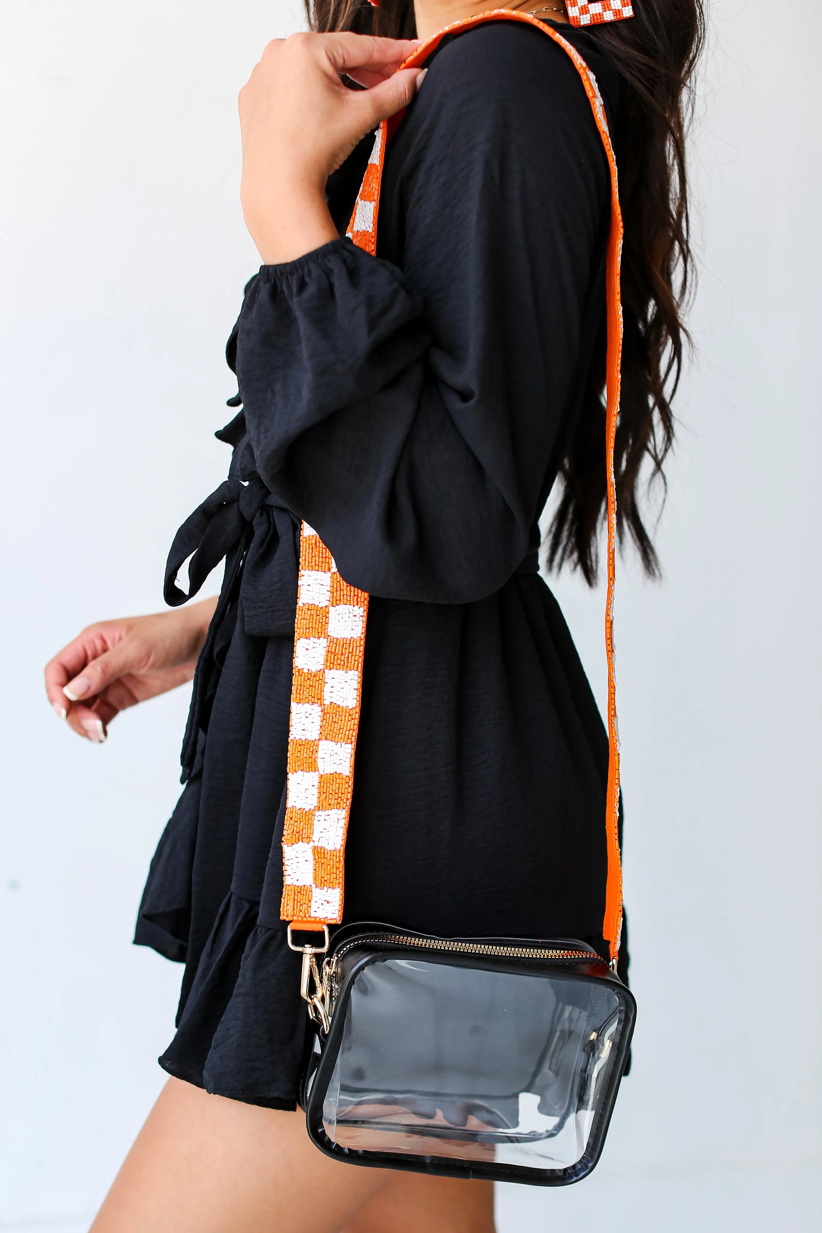 Orange   White Checkered Beaded Purse Strap