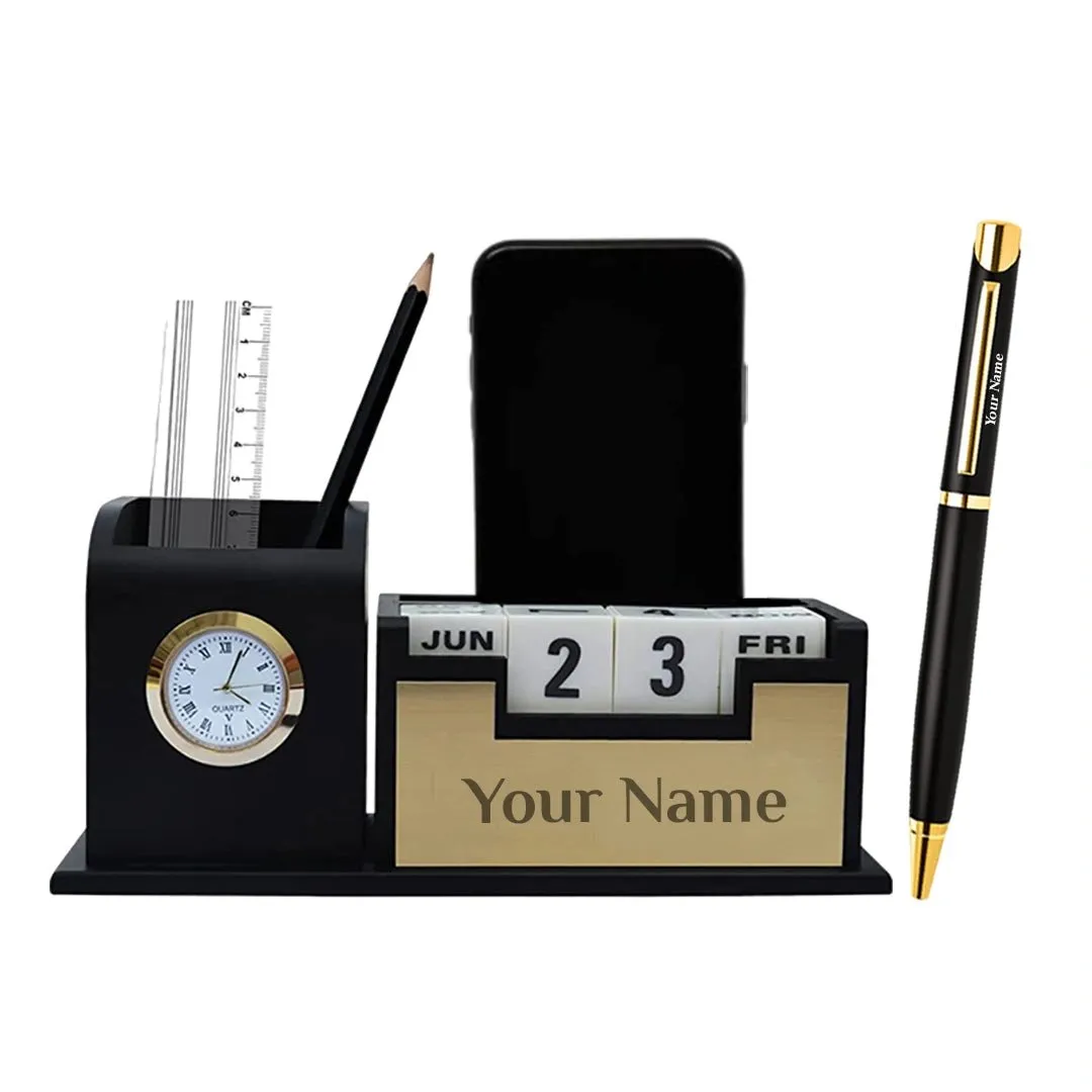 Personalized Infinity Calendar Table Clock Desk Organizer and Pen - Gold