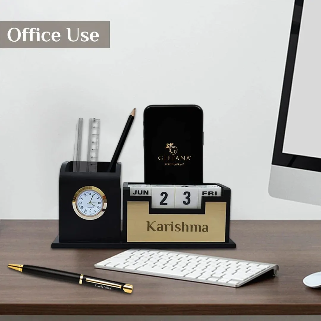 Personalized Infinity Calendar Table Clock Desk Organizer and Pen - Gold